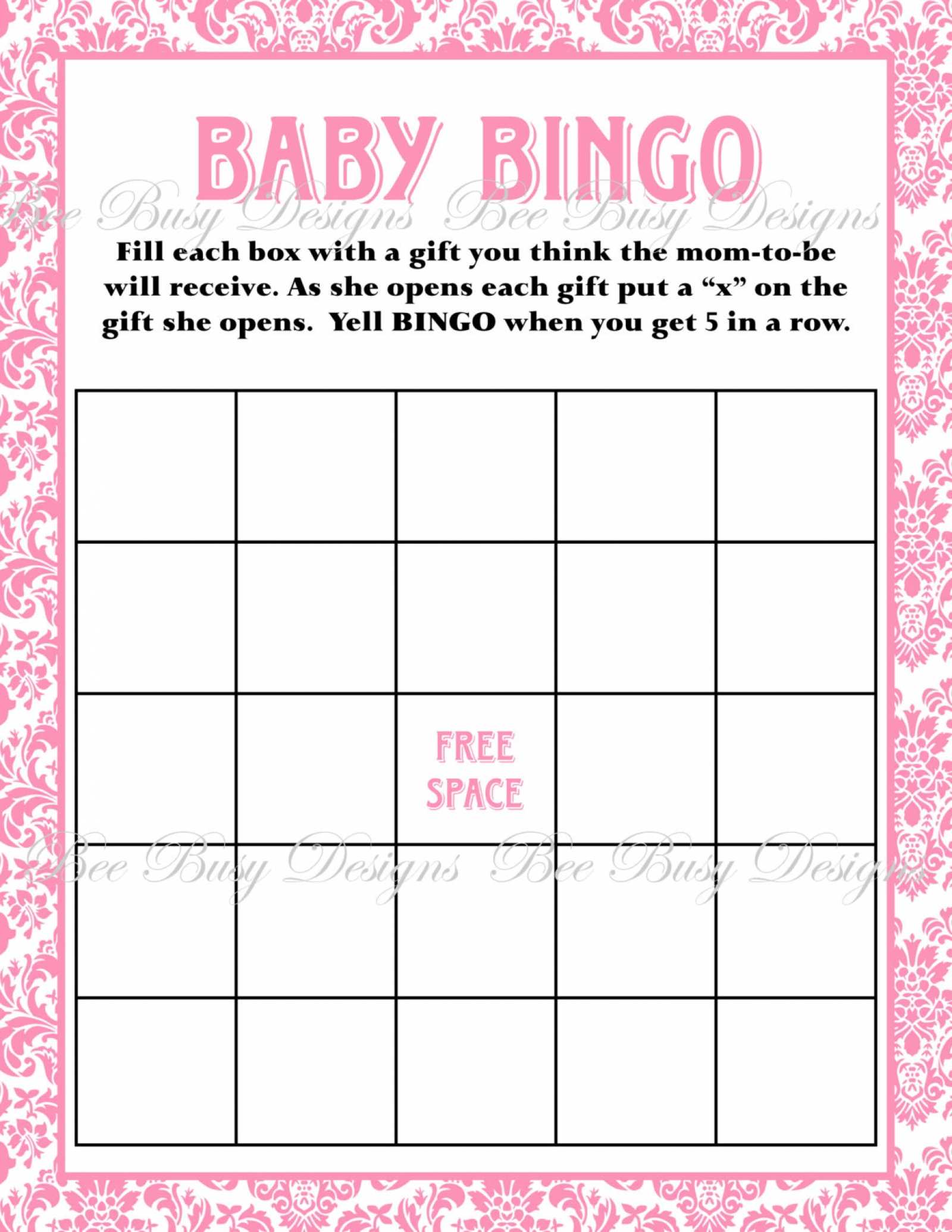 Printable Pink Damask Baby Shower Bingo Game Instant Download Intended For Blank Bridal Shower Bingo Template