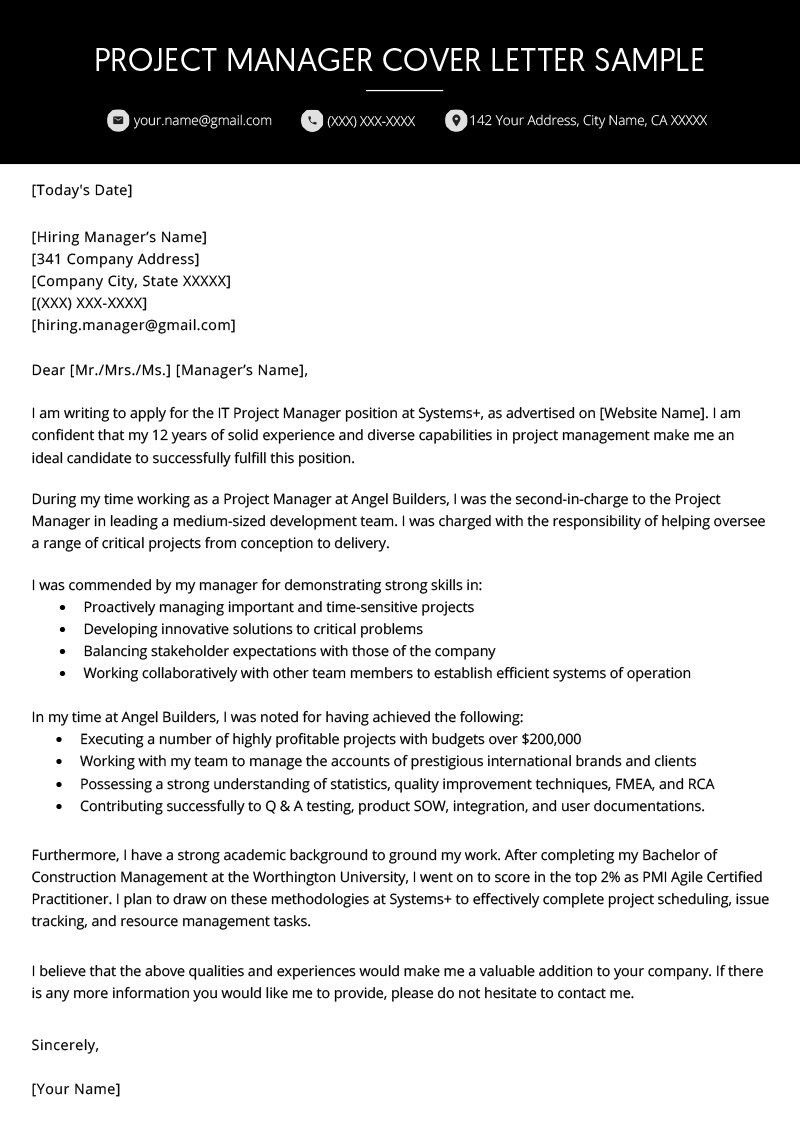 Project Manager Cover Letter Example | Resume Genius Regarding Letter Of Interest Template Microsoft Word