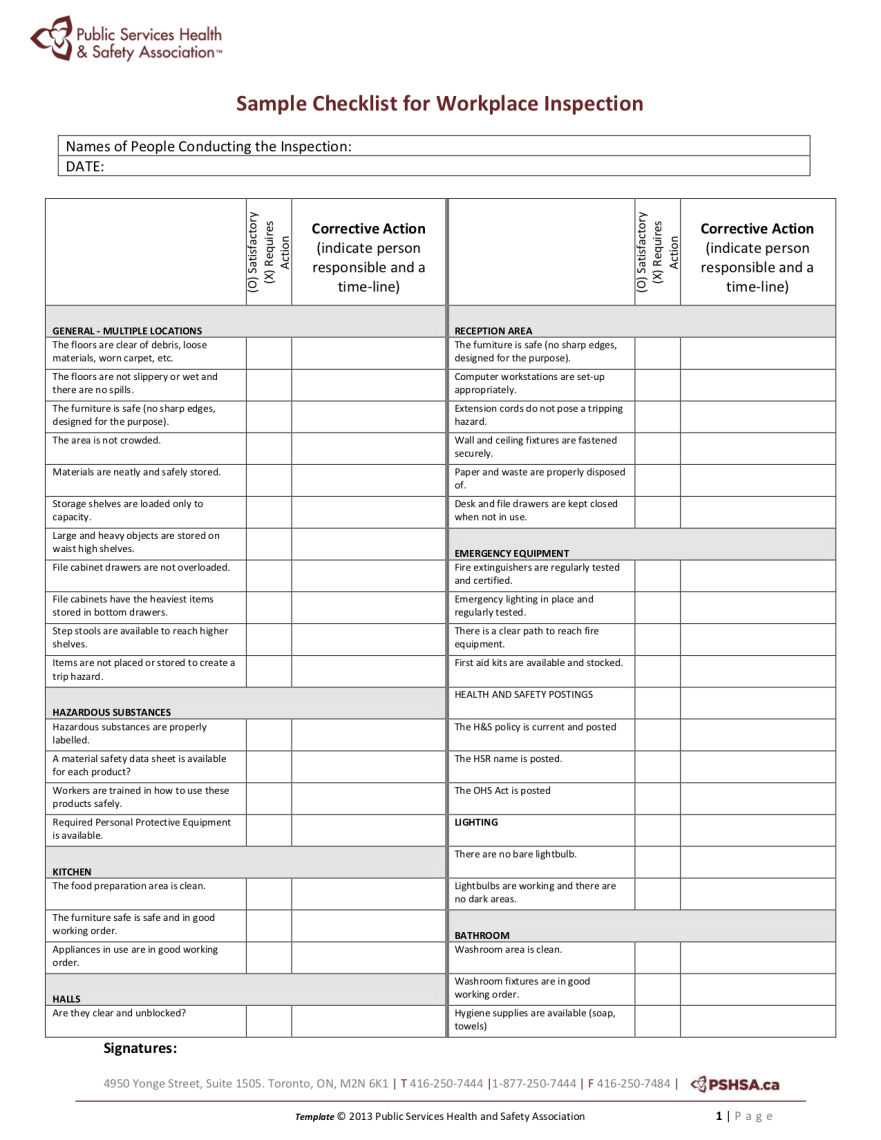 Pshsa | Sample Workplace Inspection Checklist Within Annual Health And Safety Report Template