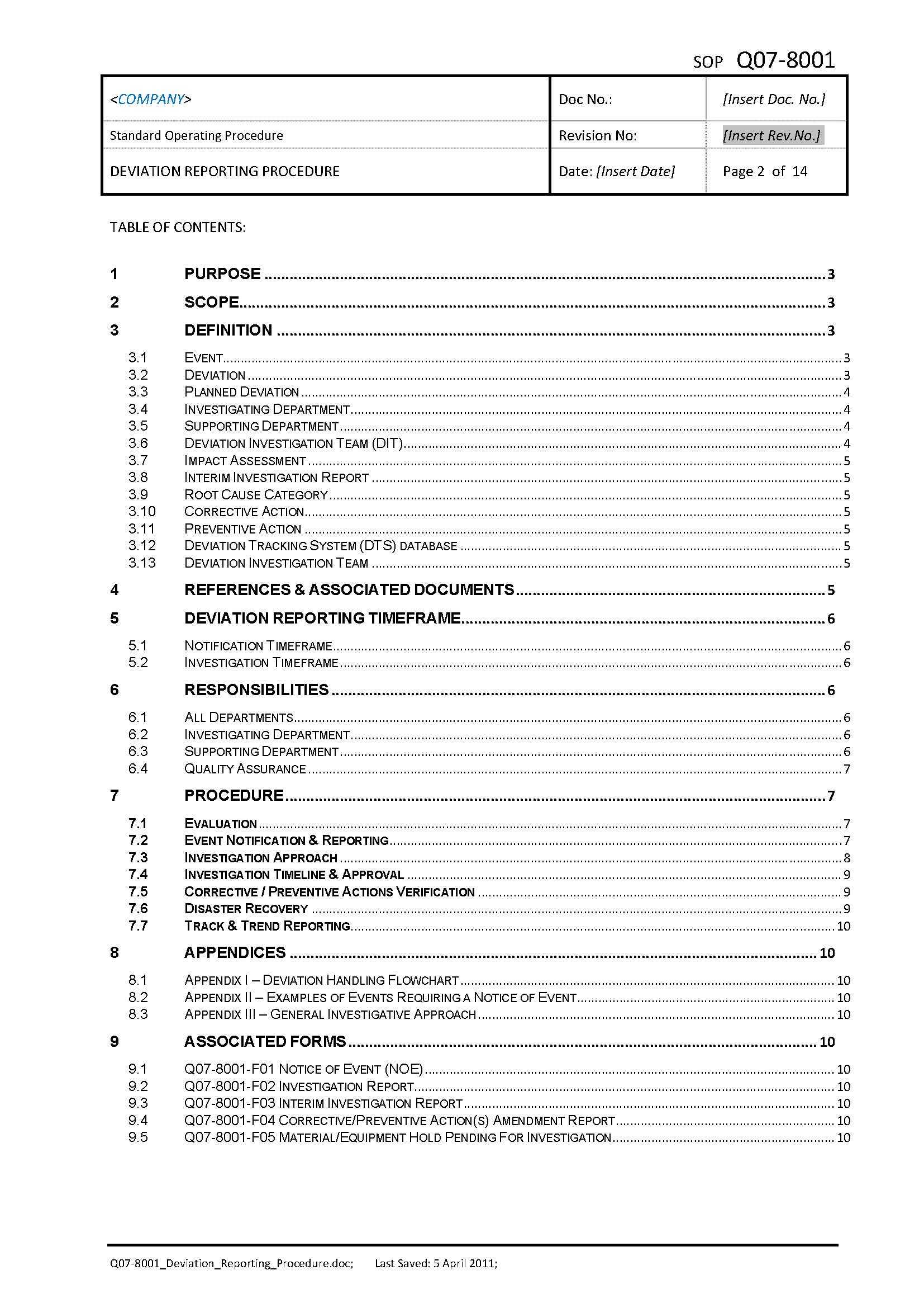 Q07 8001 Deviation Reporting Procedure – Gmp Templates Pertaining To Deviation Report Template