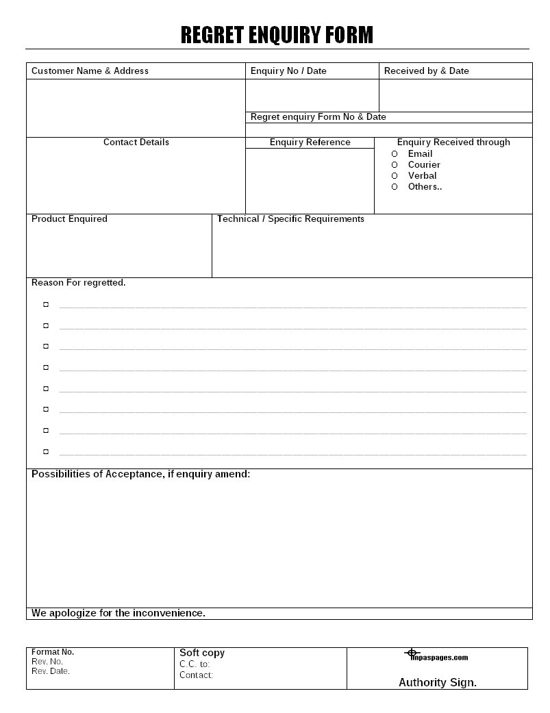 Regret Enquiry Form Format With Enquiry Form Template Word