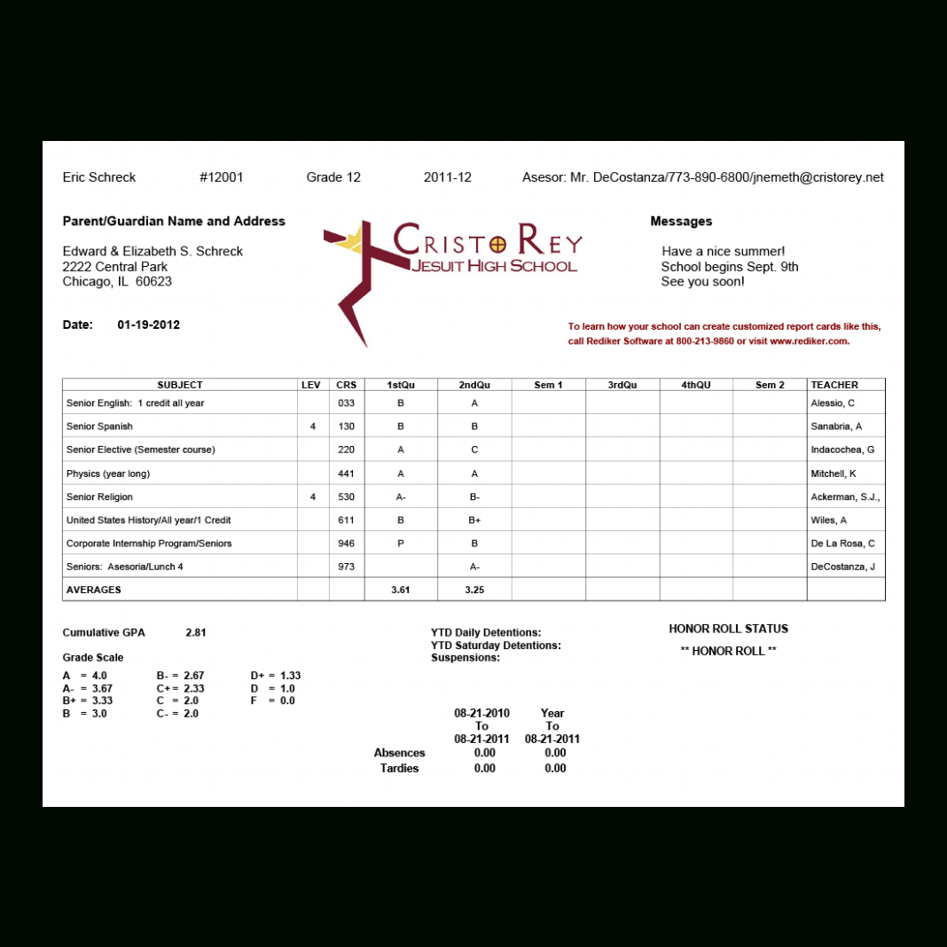 Report Card Template College Cristo Rey High School 4Web With Regard To College Report Card Template