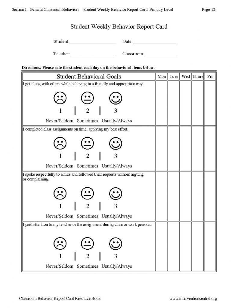 Report Examples Student Weekly Behavior Card Template Progress Within Behaviour Report Template