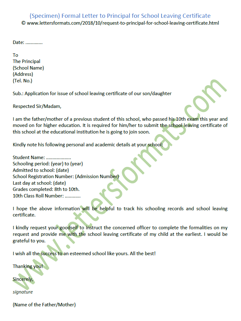 Sample Formal Letter To Principal For School Leaving Certificate For Leaving Certificate Template