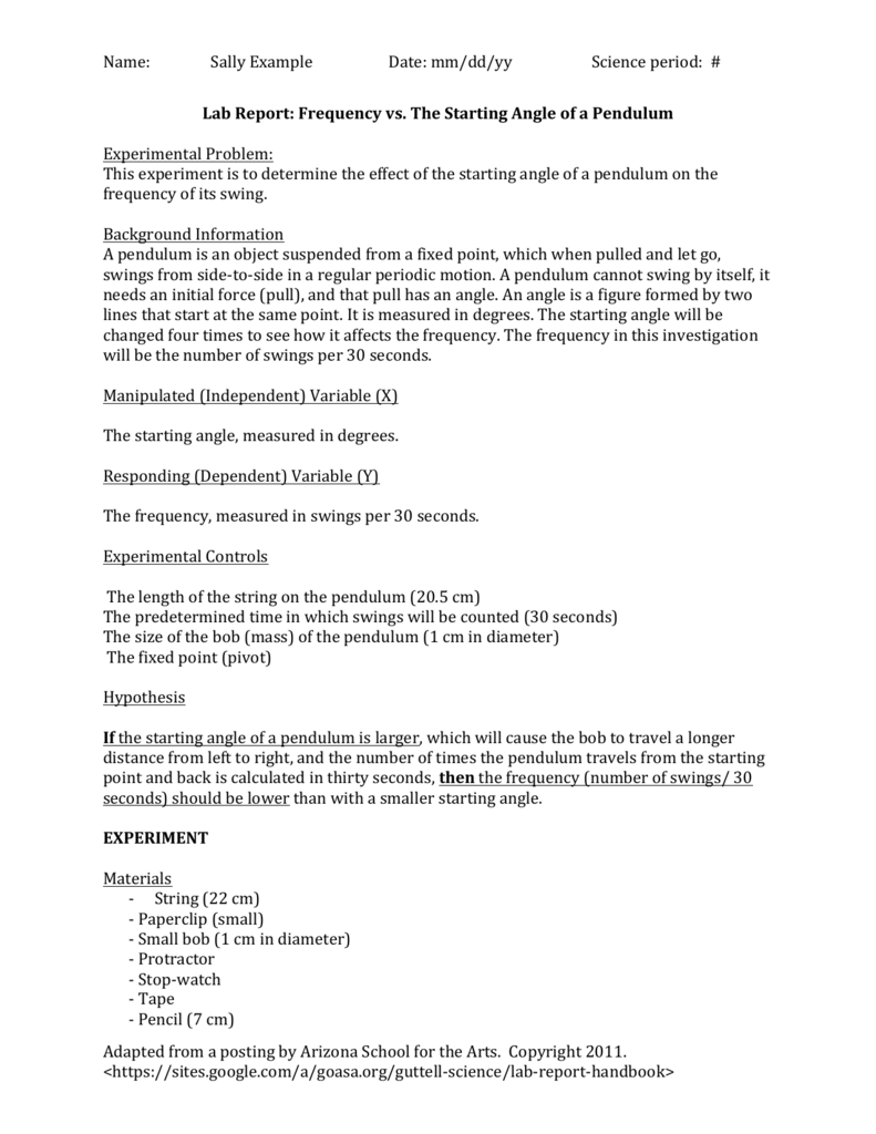 Sample Lab Report (Pendulum) Throughout Science Experiment Report Template