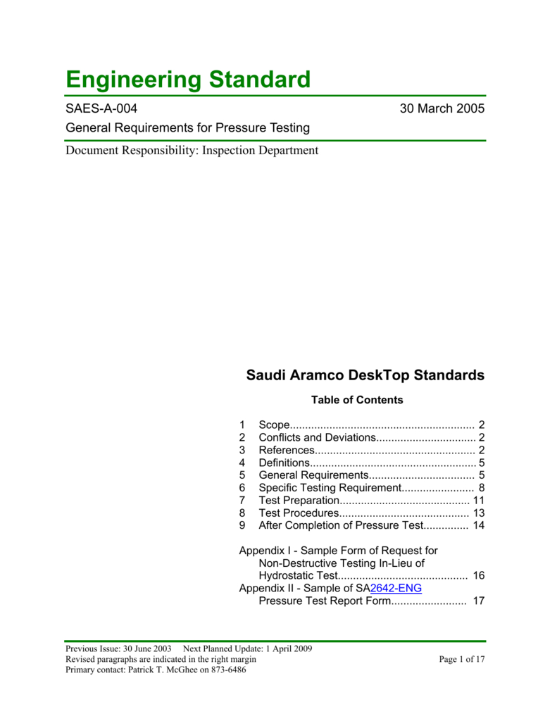 Saudi Aramco Engineering Standard For Hydrostatic Pressure Test Report Template