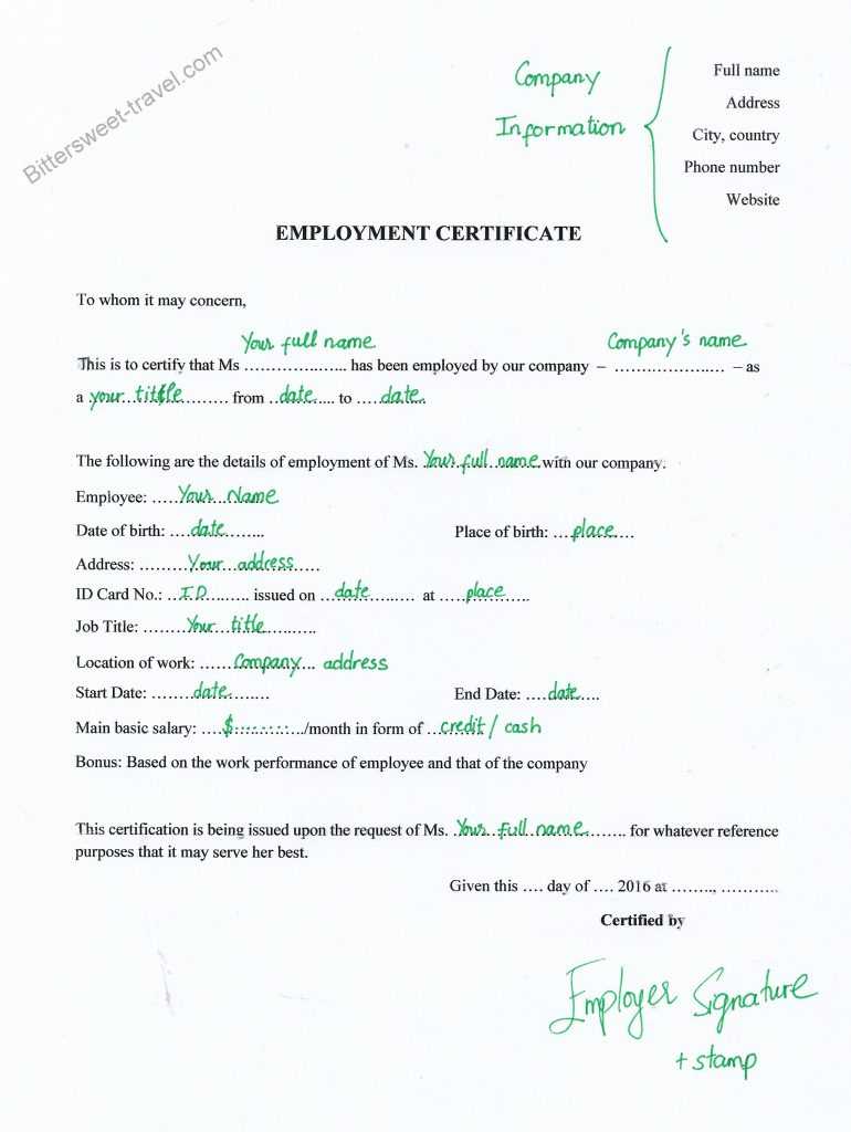 Schengen Visa Application Documents: Employment Certificate Throughout Certificate Of Employment Template