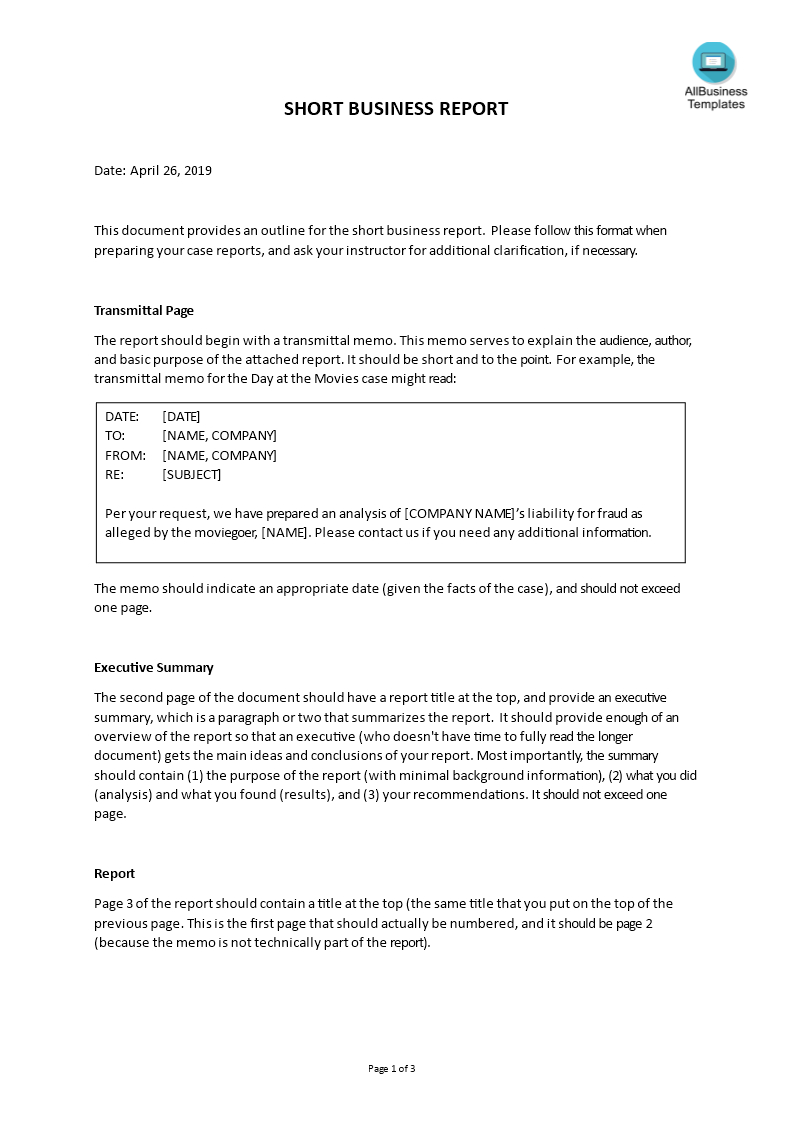 Short Business Report Example | Templates At Throughout Template On How To Write A Report