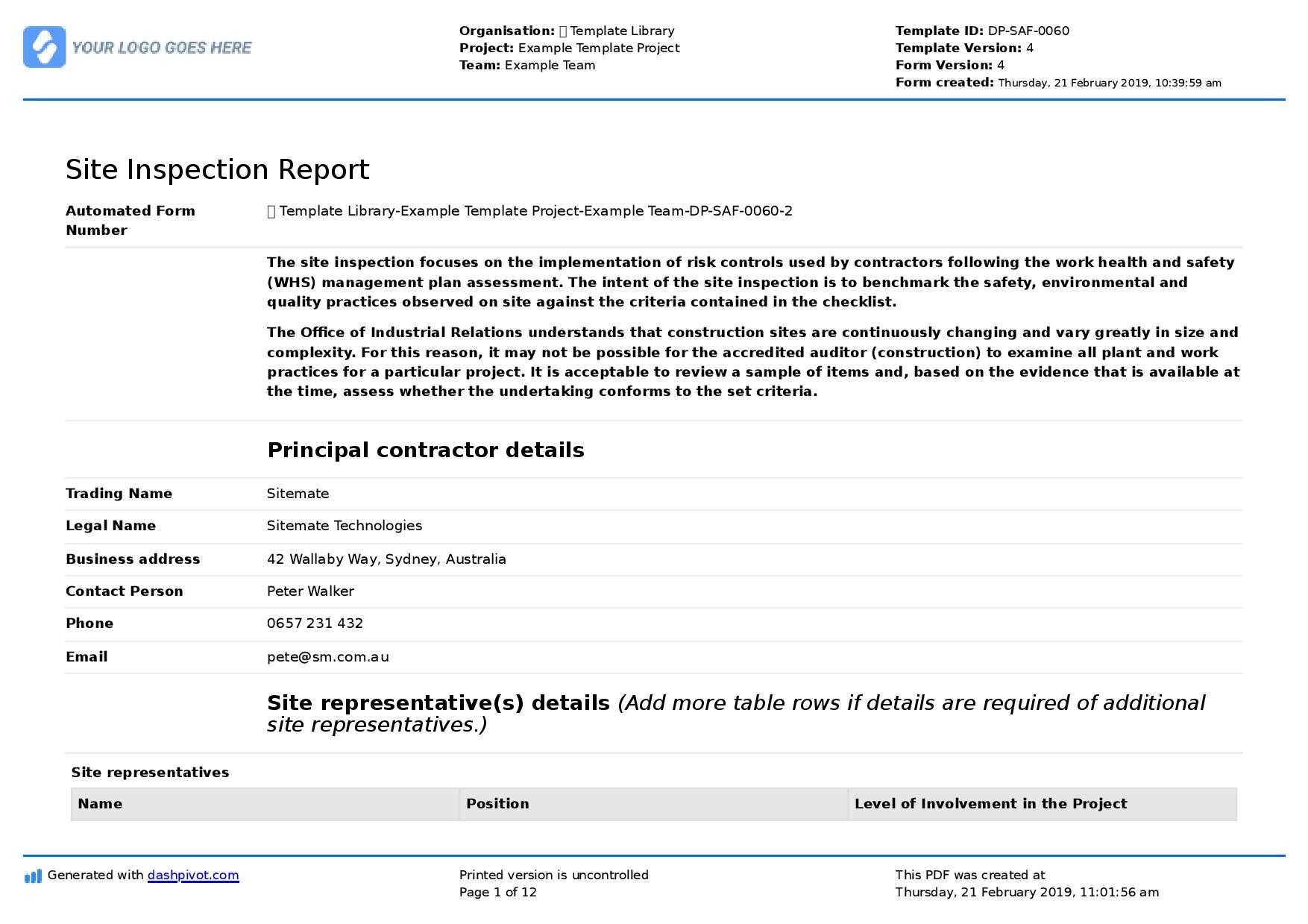 Site Inspection Report: Free Template, Sample And A Proven Throughout Report Requirements Template