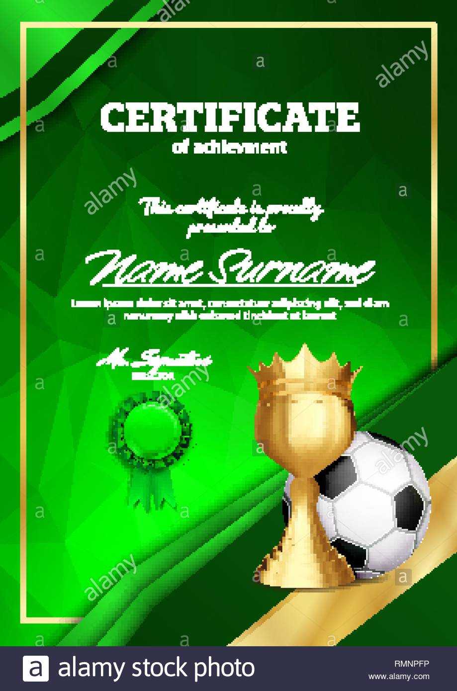 Soccer Certificate Diploma With Golden Cup Vector. Football In Soccer Award Certificate Template