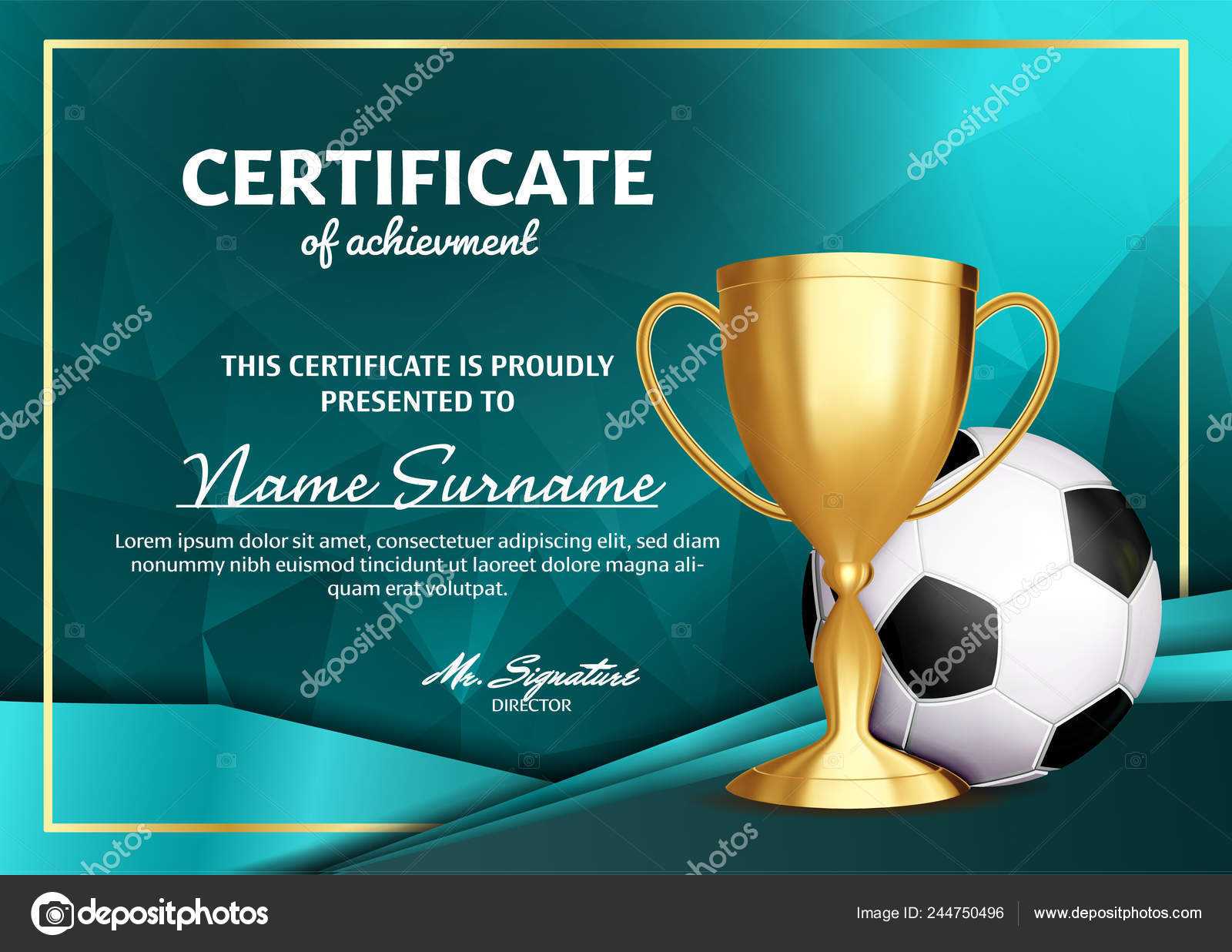 Soccer Certificate Diploma With Golden Cup Vector. Football In Soccer Award Certificate Templates Free