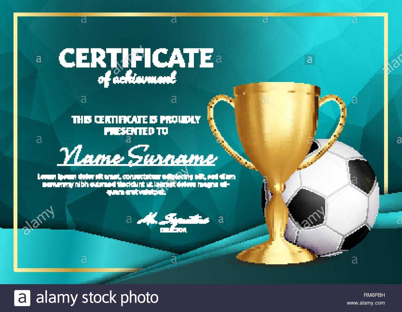 Soccer Certificate Diploma With Golden Cup Vector. Football Inside Soccer Certificate Template