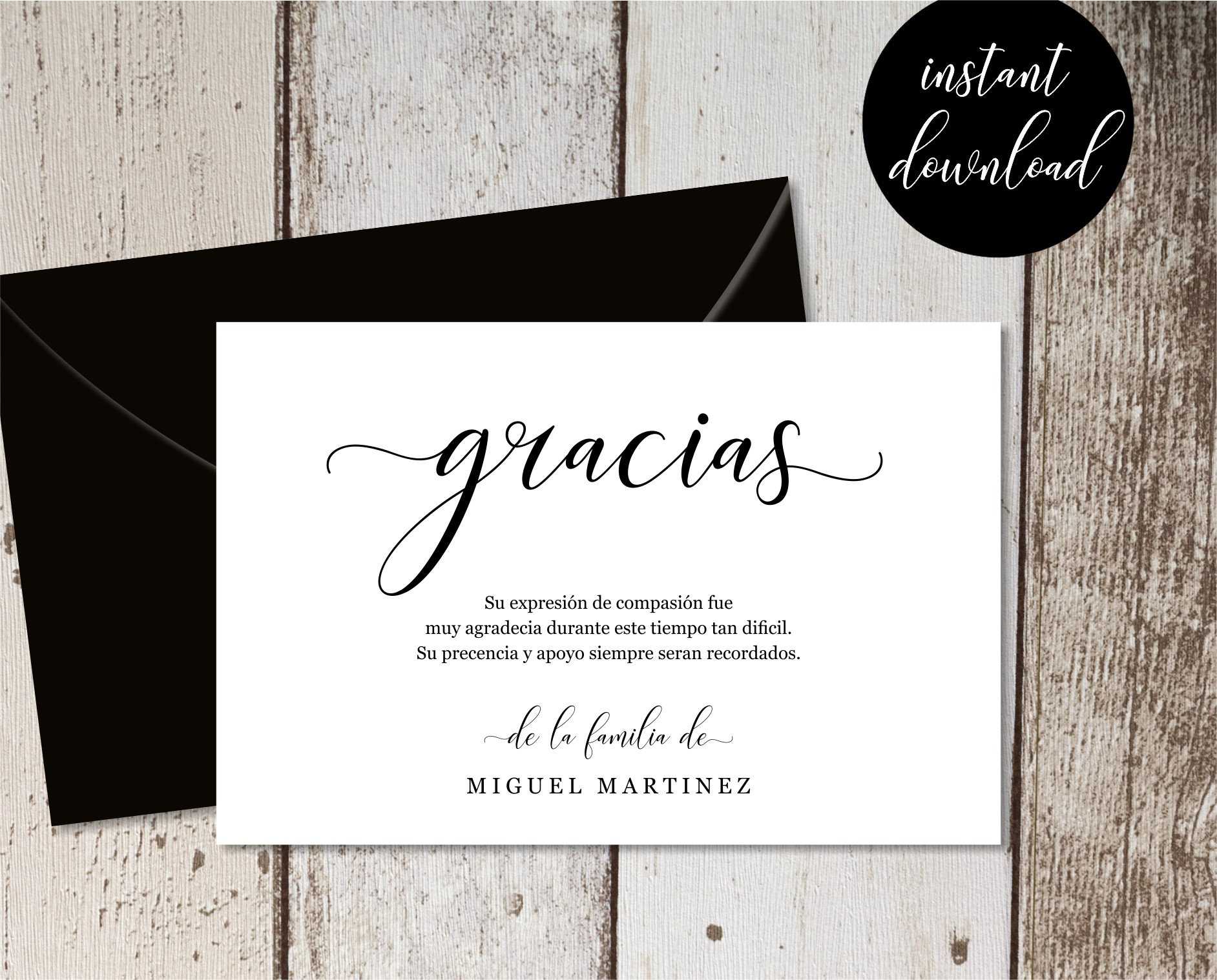 Spanish Funeral Thank You Card Template – Simple Black Intended For Sympathy Thank You Card Template