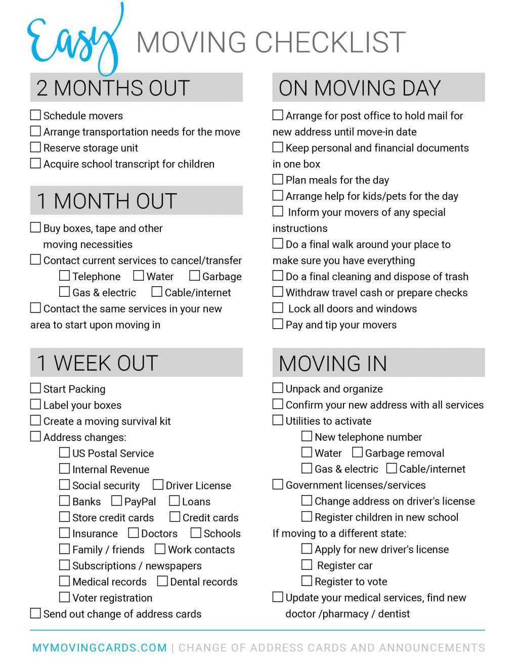 Spreadsheet Moving House Checklist Free Printable Download Intended For Moving Home Cards Template