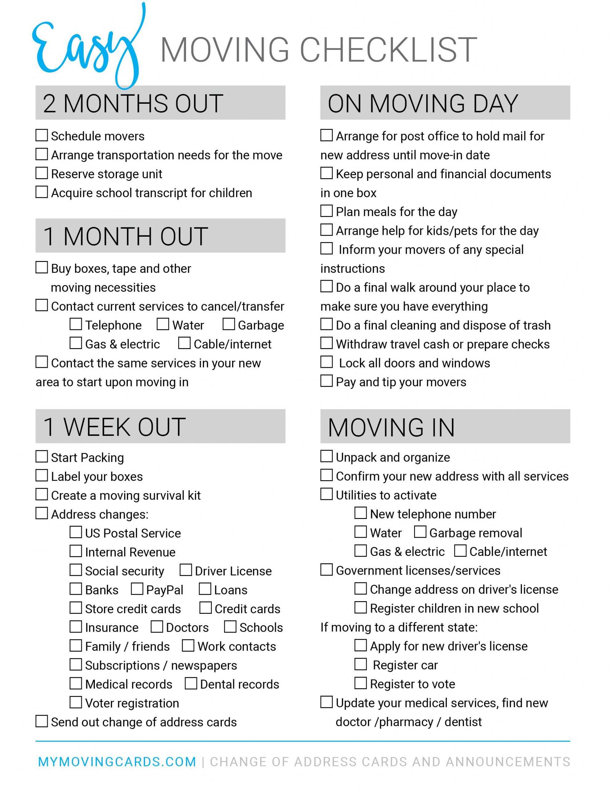 Spreadsheet Moving House Checklist Free Printable Download Pertaining To Free Moving House Cards Templates