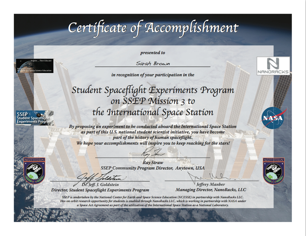 Ssep Mission 3 To Iss Student Certificates Of Accomplishment Regarding International Conference Certificate Templates