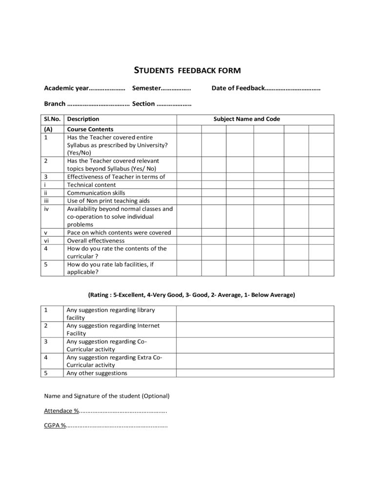 Students Feedback Form - 2 Free Templates In Pdf, Word Throughout Student Feedback Form Template Word