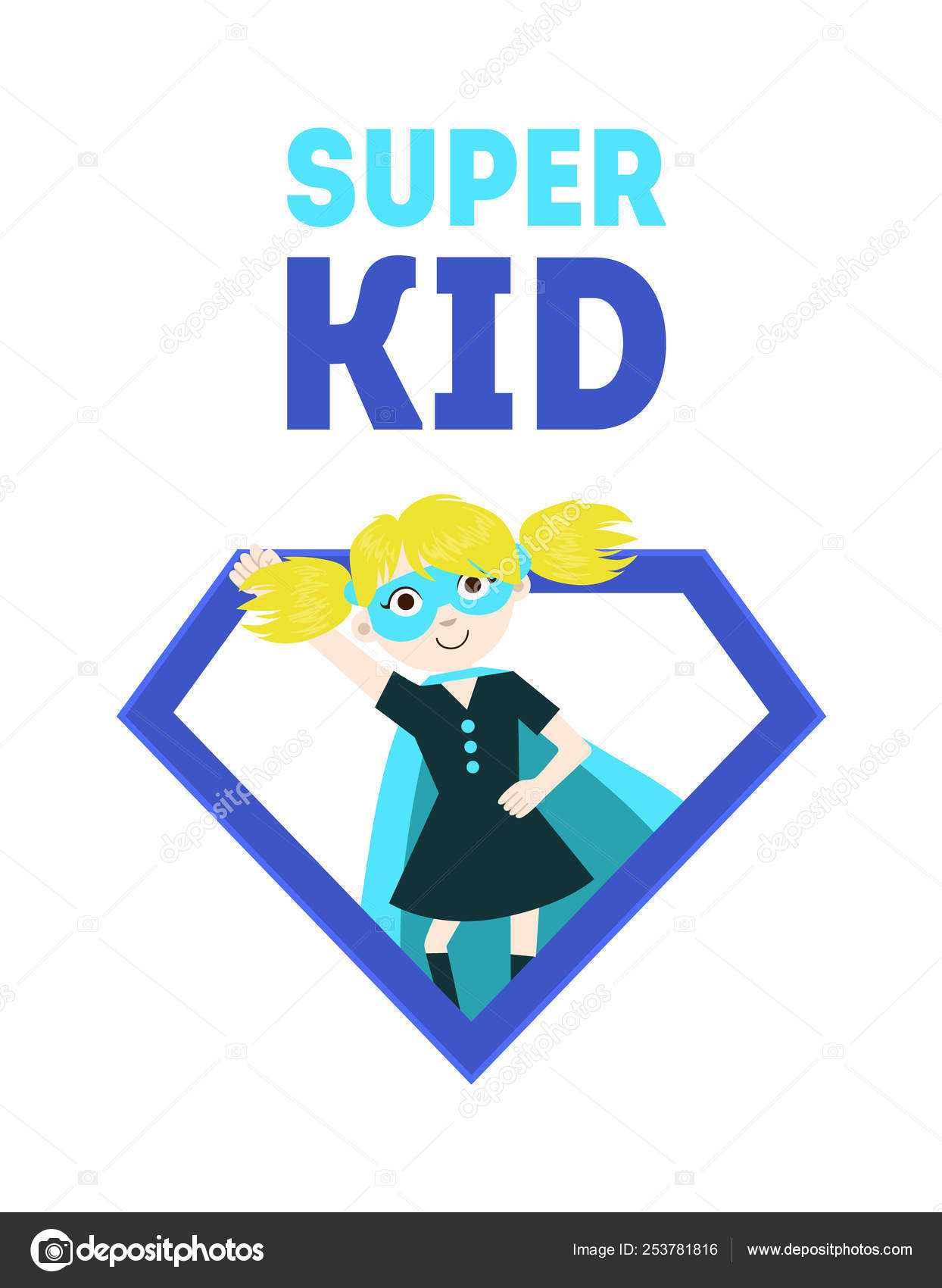 Super Kid Banner, Cute Girl In Superhero Costume And Mask With Superhero Birthday Card Template