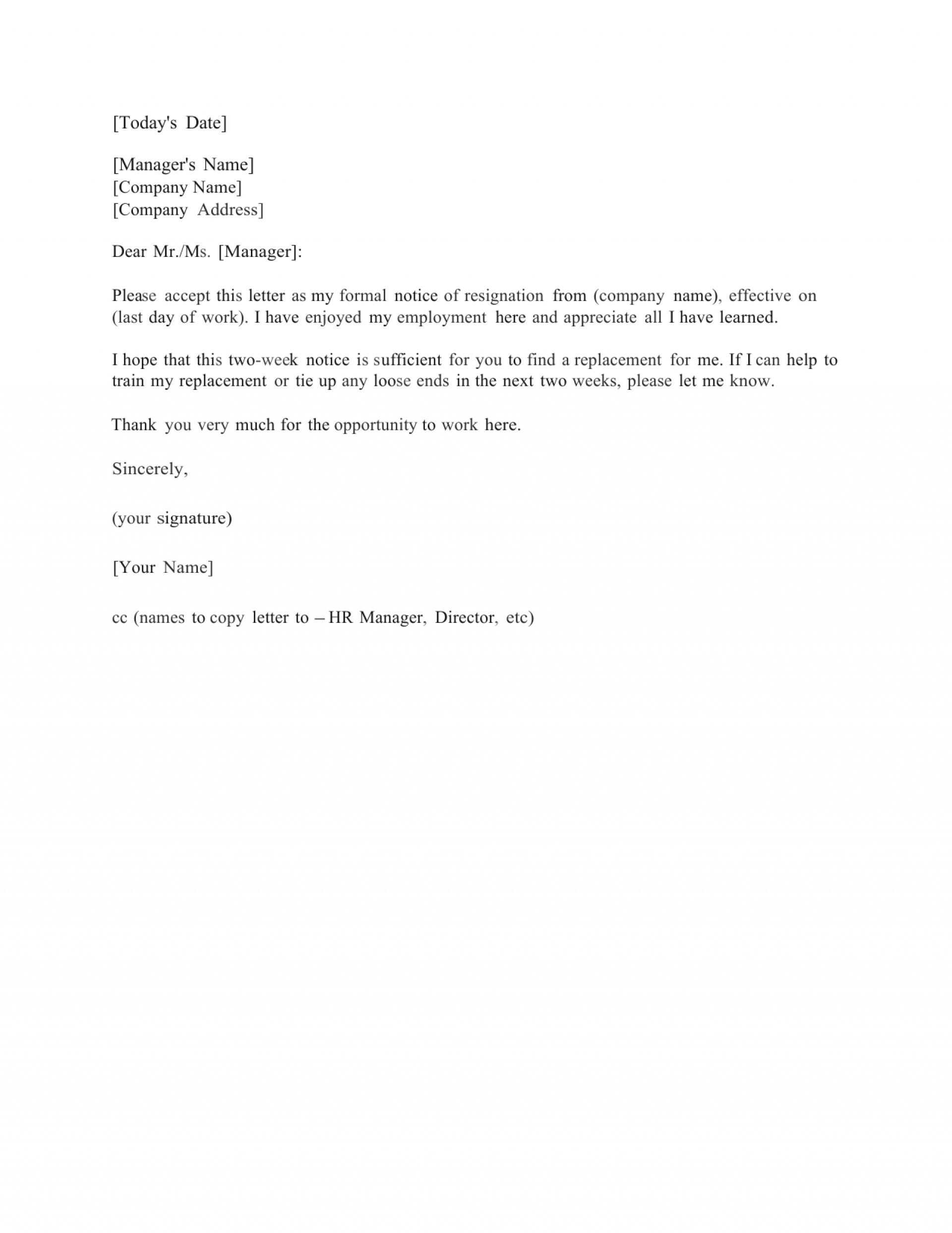 Technician Resignation Letter Two Weeks Notice Template For Within 2 Weeks Notice Template Word