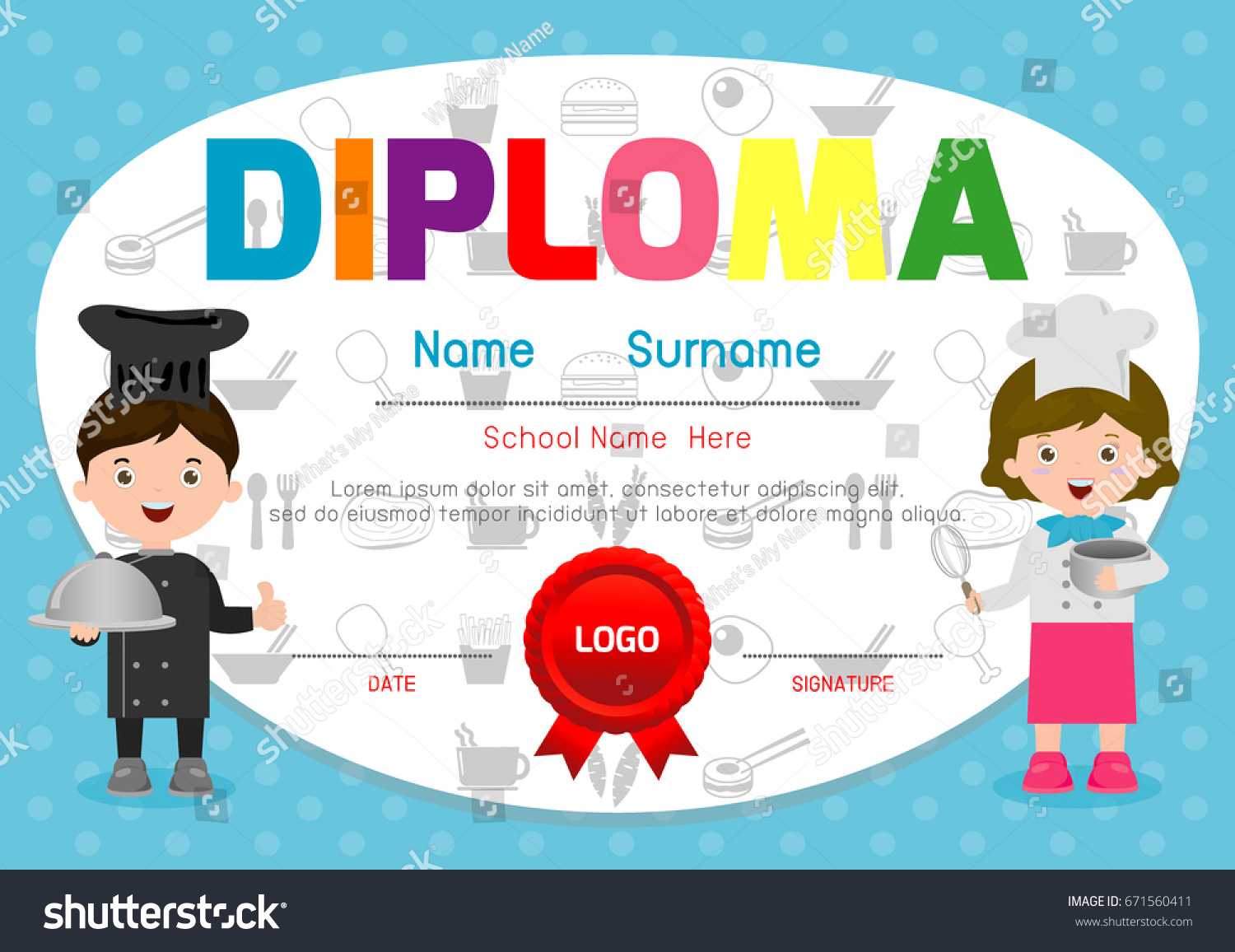 Template Childrens Diplomas Certificates Little Chef Stock Pertaining To Children's Certificate Template