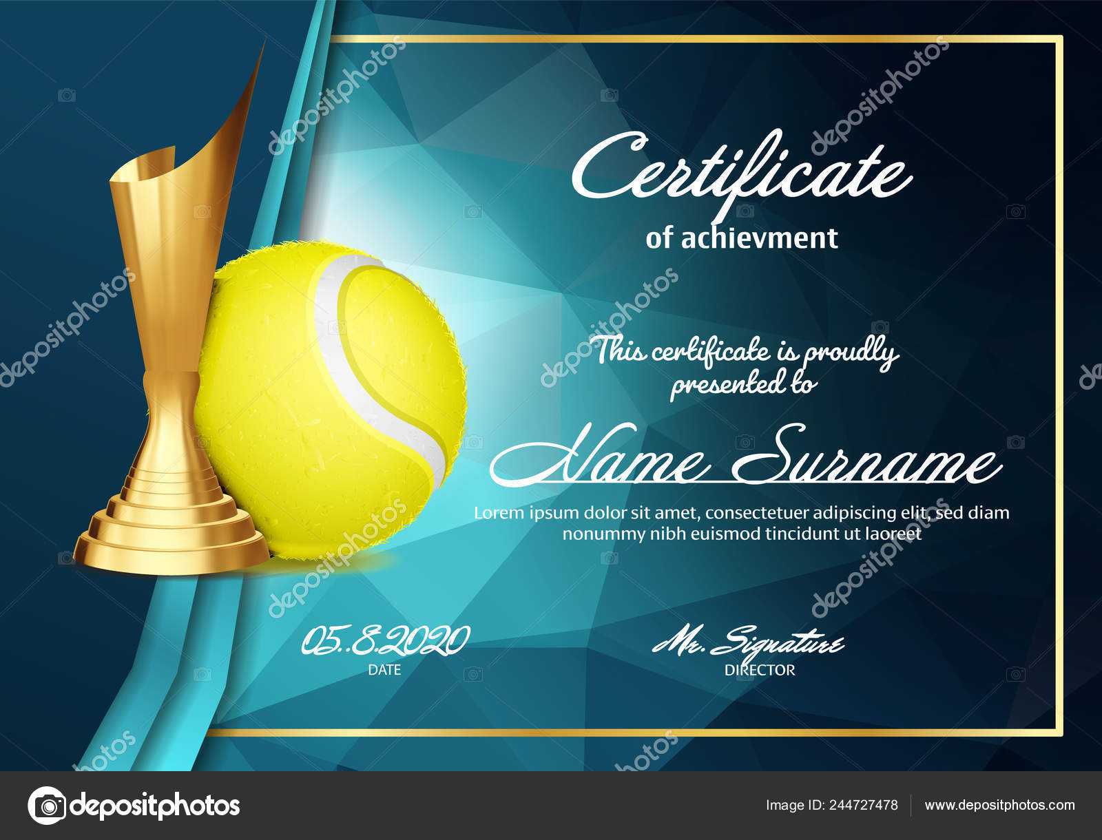 Tennis Certificate Diploma With Golden Cup Vector. Sport With Regard To Tennis Gift Certificate Template