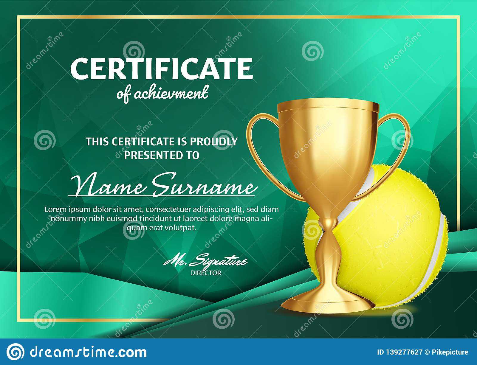 Tennis Certificate Diploma With Golden Cup Vector. Sport With Tennis Certificate Template Free