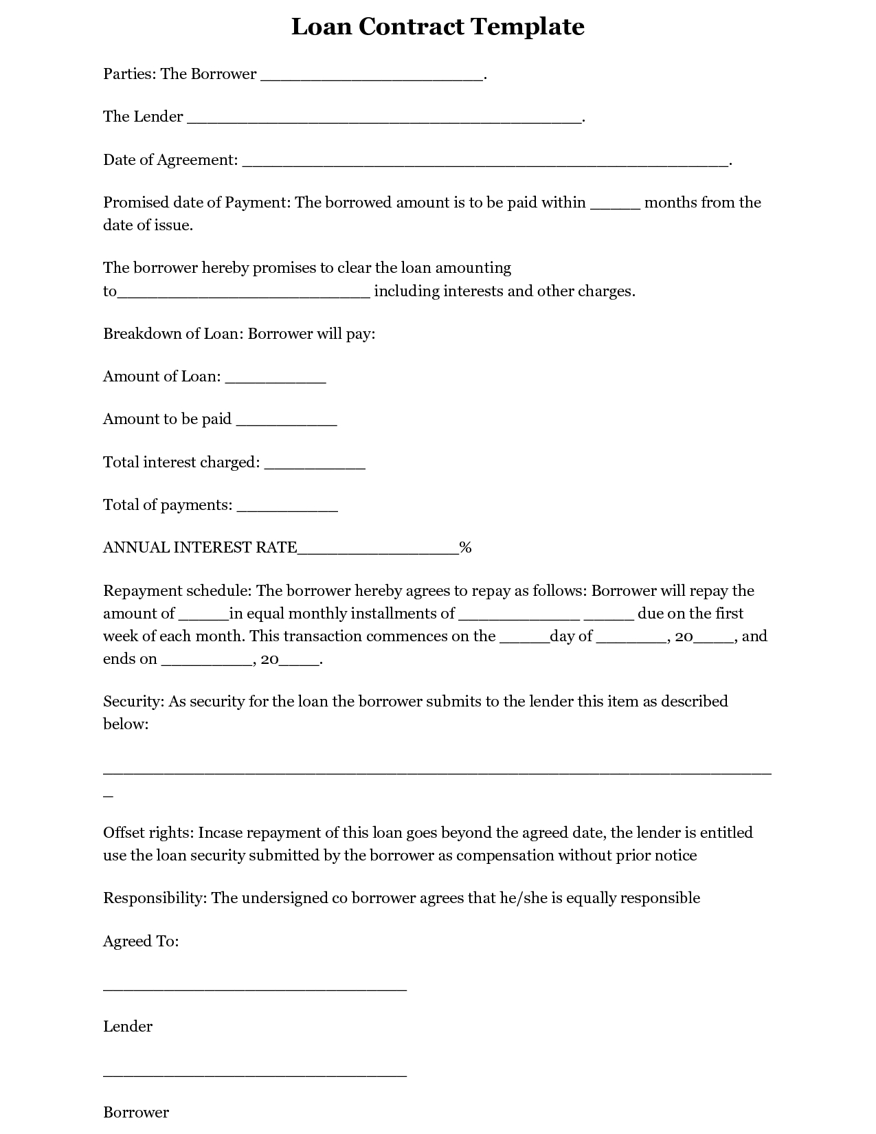 Terrific Blank Loan Contract Or Agreement Template Sample Within Blank Loan Agreement Template