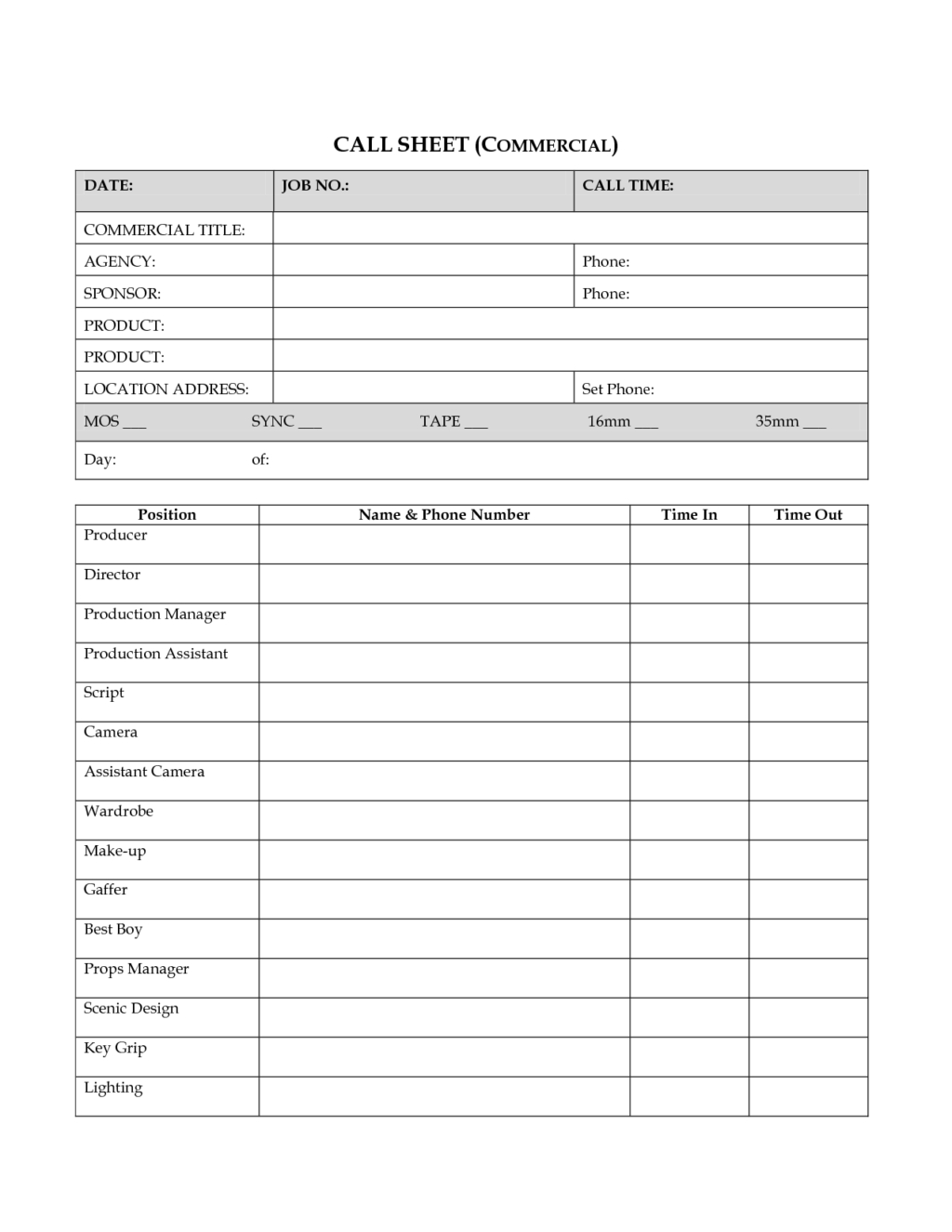 Terrific Call Sheet Template Sample For Commercial Intended For Blank Call Sheet Template