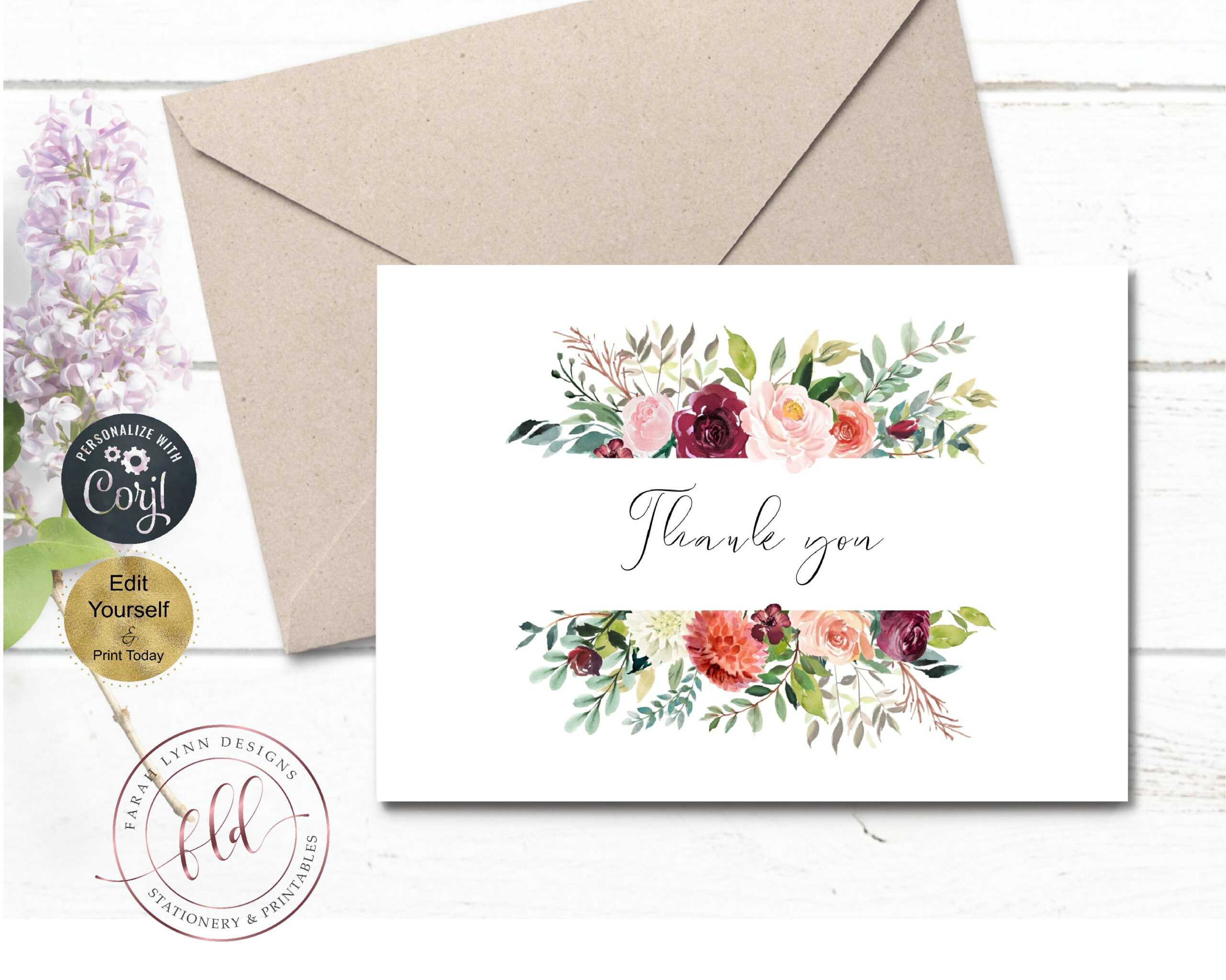 Thank You Note Card Template, Printable Fall Florals Wedding Inside Thank You Note Card Template