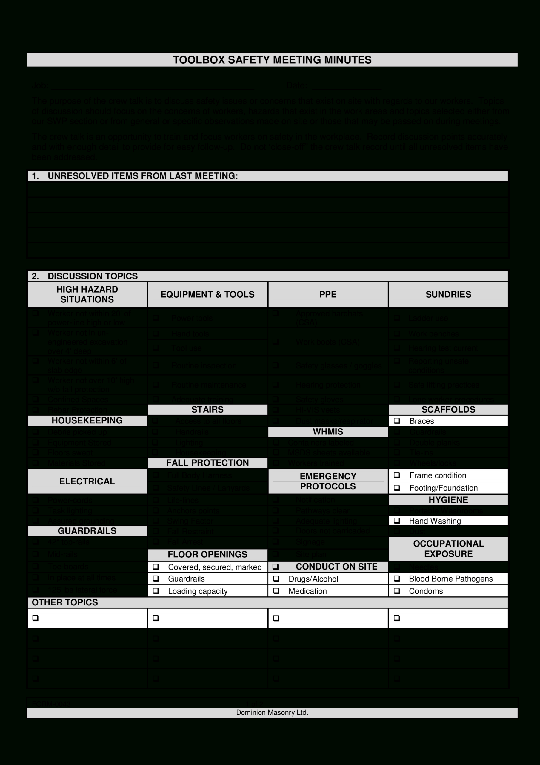 Toolbox Safety Meeting Minutes | Templates At Within Fall Protection Certification Template