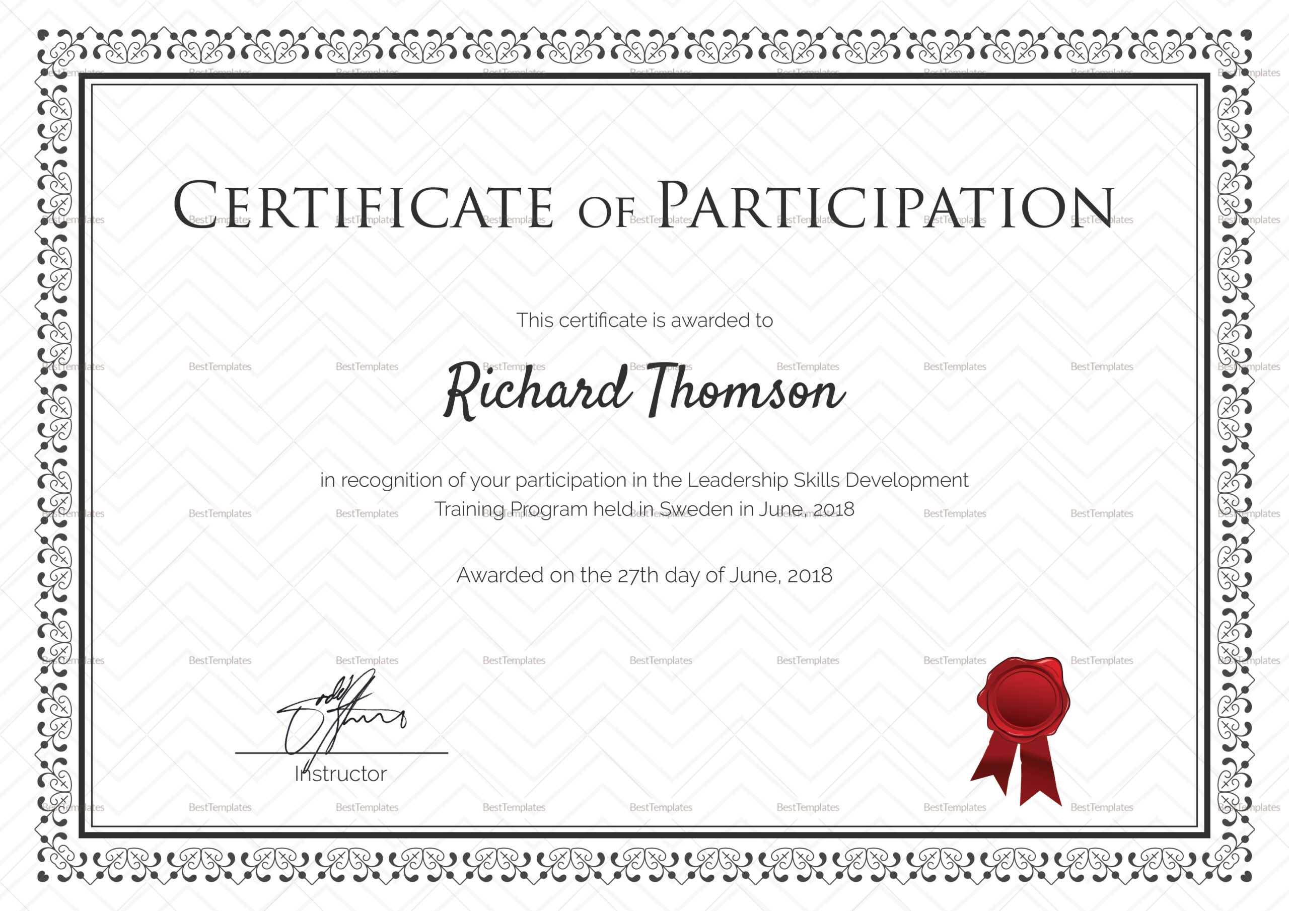 Training Participation Certificate Template Within Templates For Certificates Of Participation