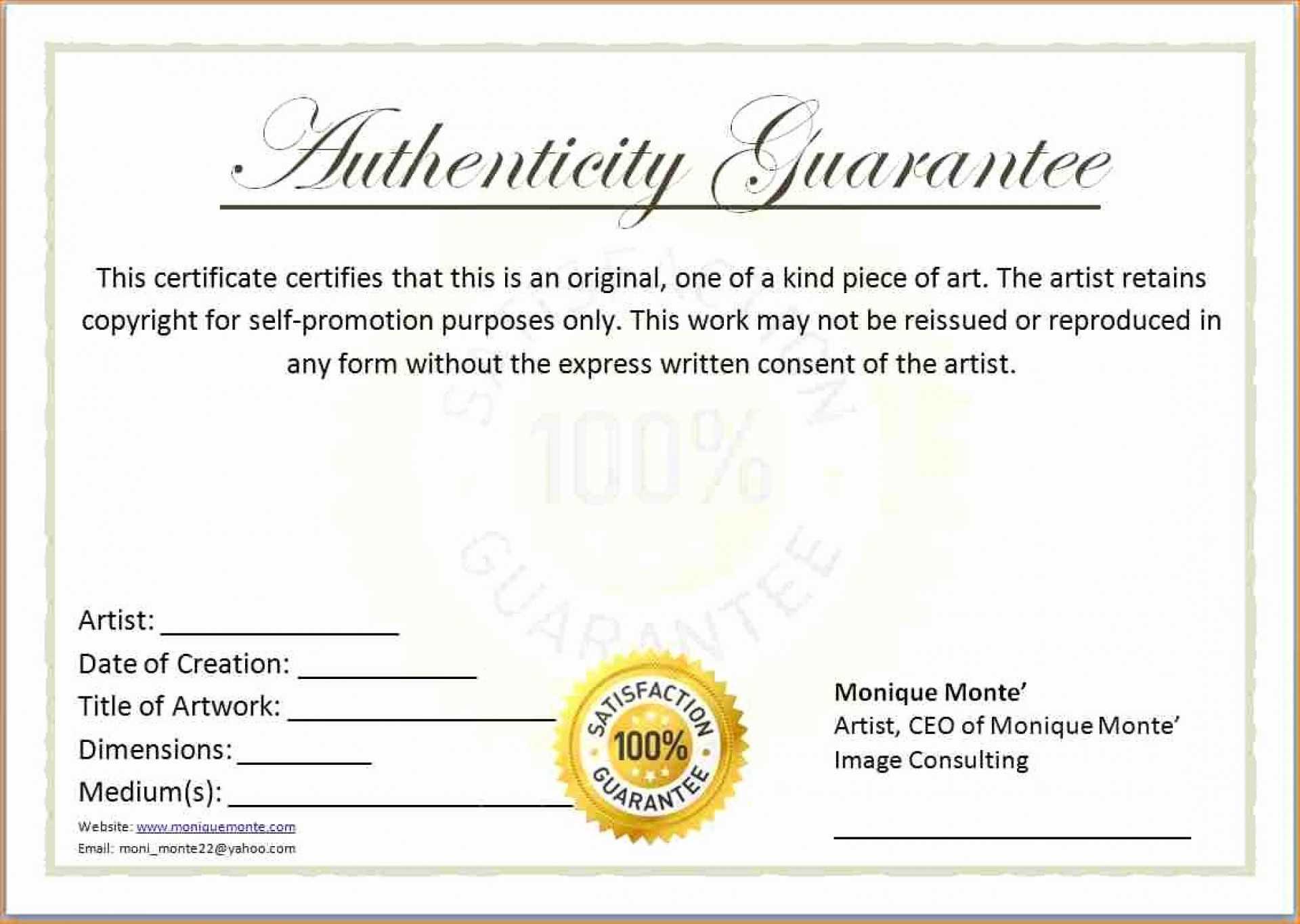 Unique Certificate Of Authenticity Template Free Ideas Intended For Certificate Of Authenticity Template