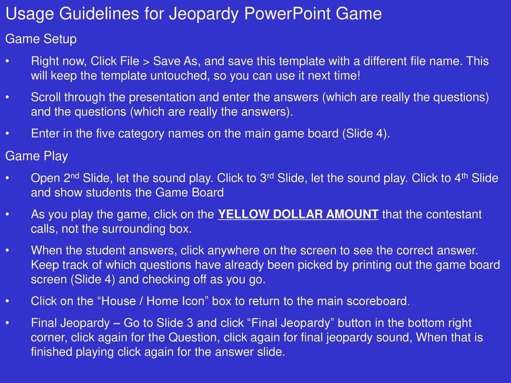 Usage Guidelines For Jeopardy Powerpoint Game – Ppt Download Within Jeopardy Powerpoint Template With Sound