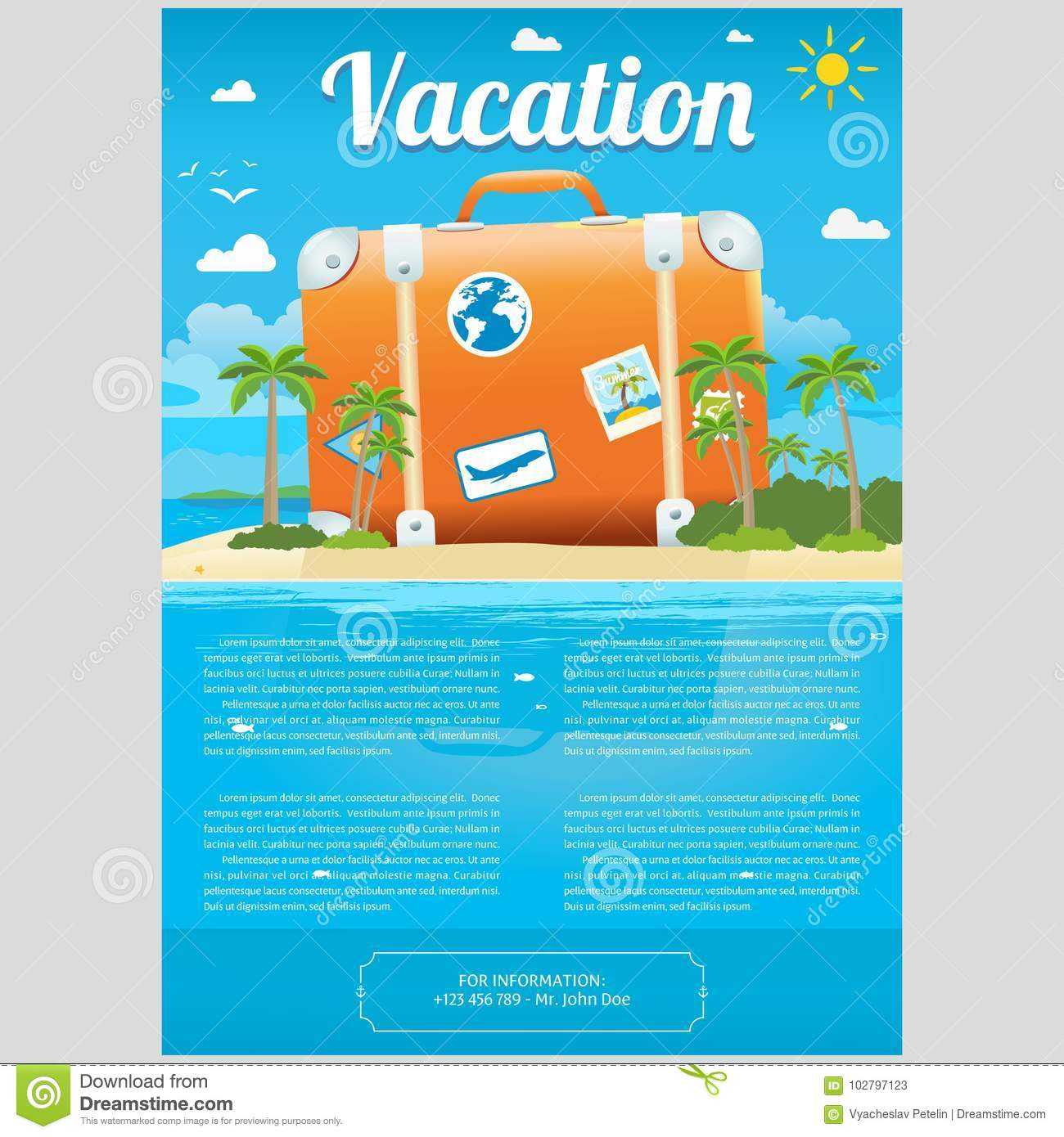 Vector Illustration Of Travel Suitcase On The Sea Island In Island Brochure Template