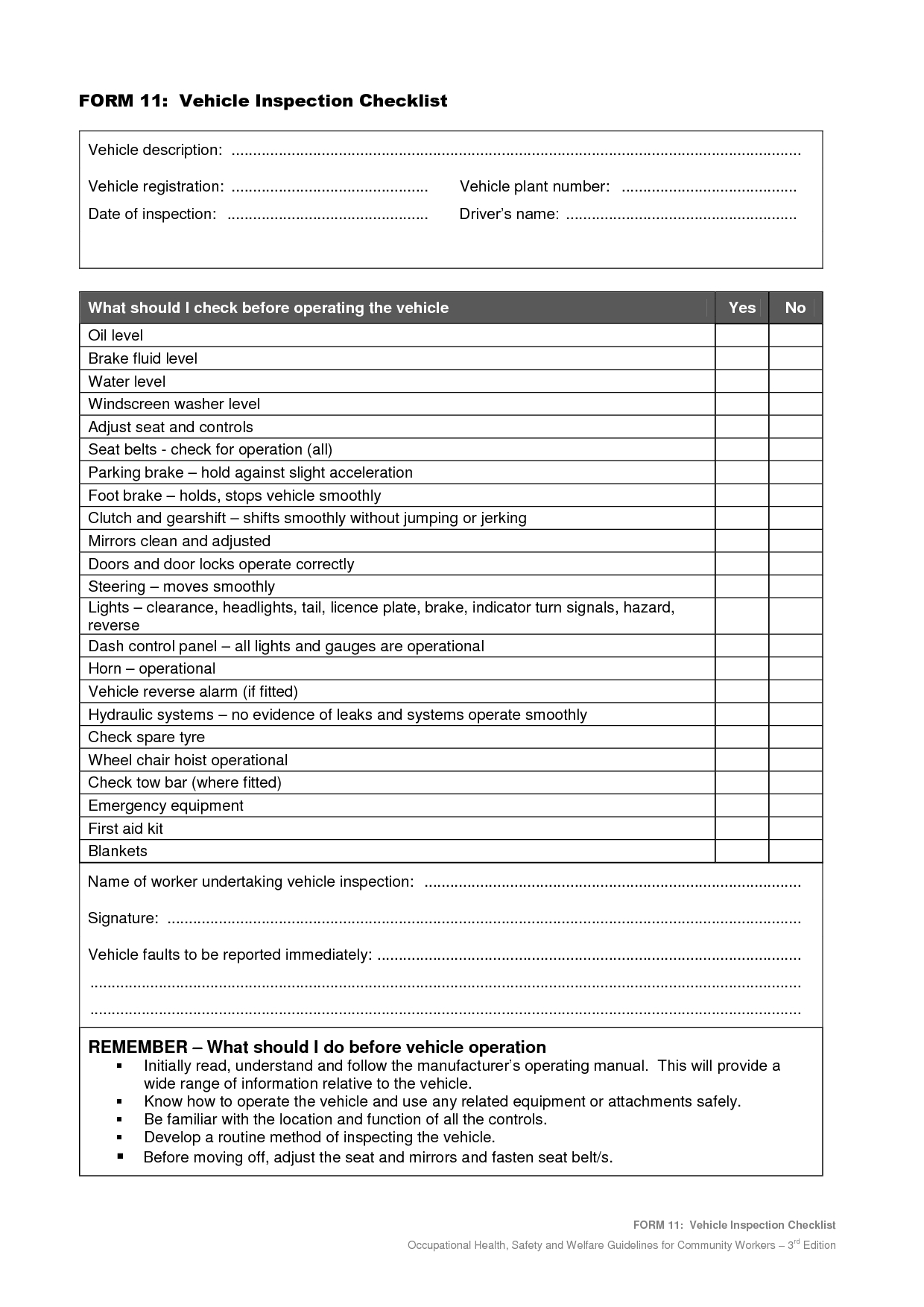 Vehicle Safety Inspection Checklist Form Maintenance Report In Monthly Health And Safety Report Template