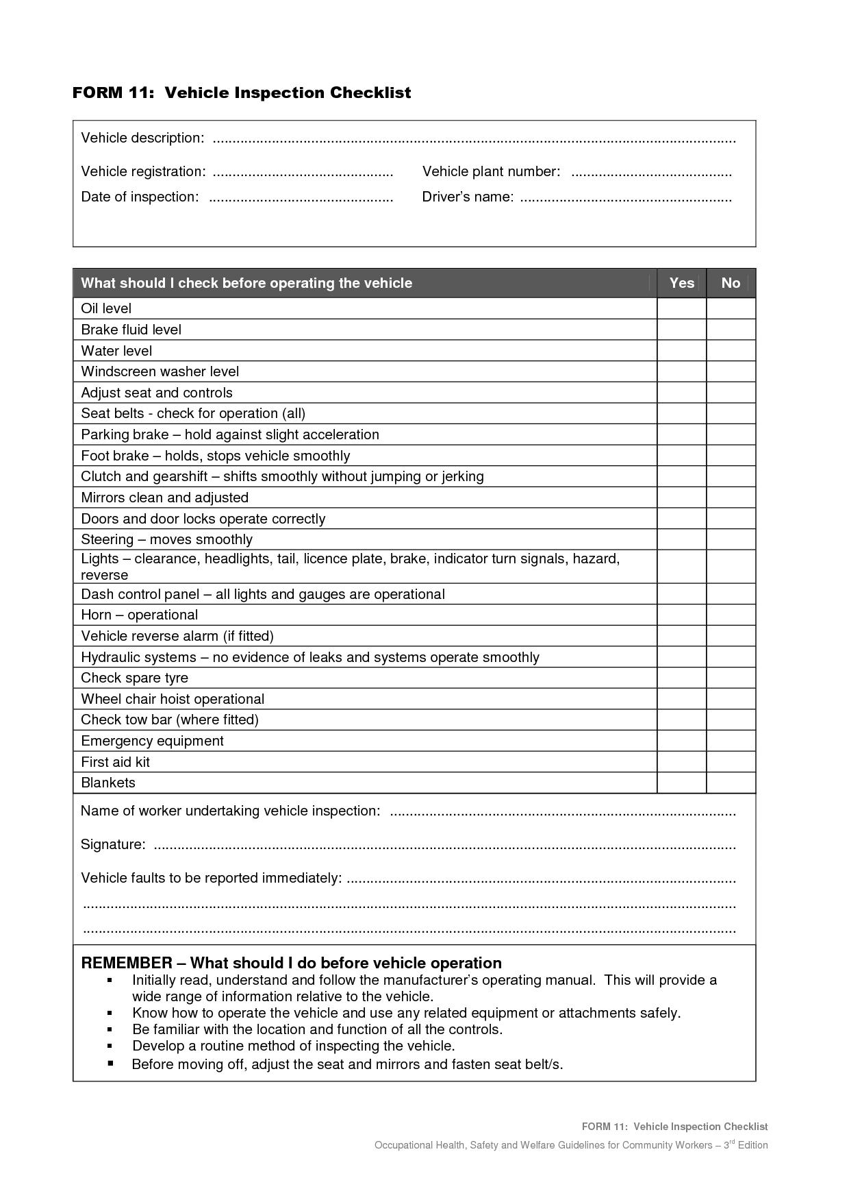 Vehicle Safety Inspection Checklist Form Maintenance Report In Vehicle Checklist Template Word