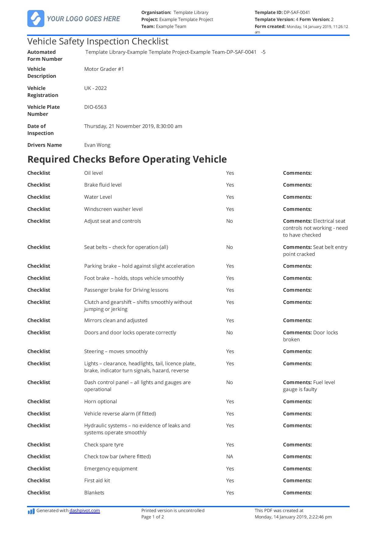 Vehicle Safety Inspection Checklist Template – Free And For Vehicle Inspection Report Template