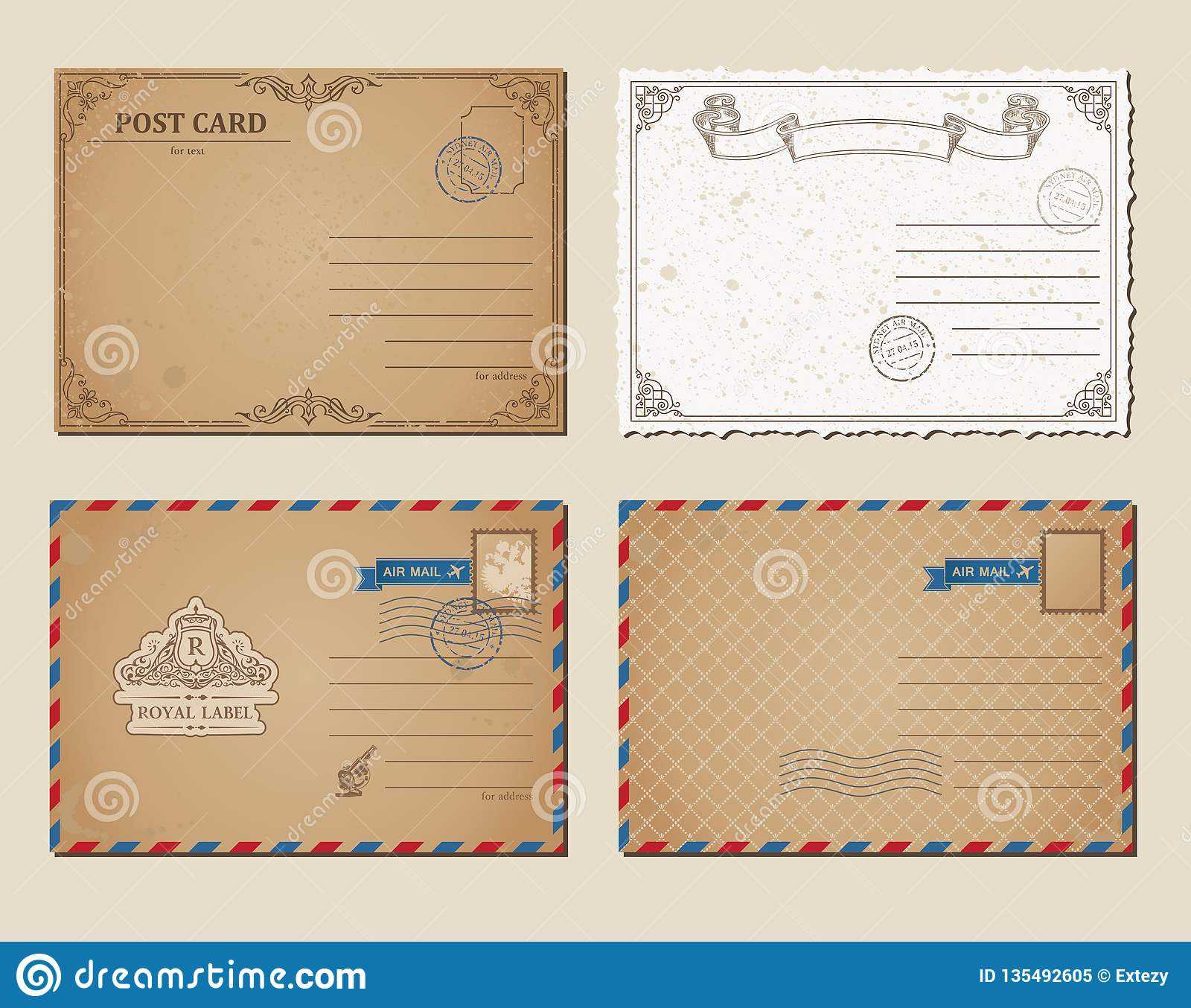 Vintage Postcards, Postage Stamps, Vector Illustration Post With Post Cards Template