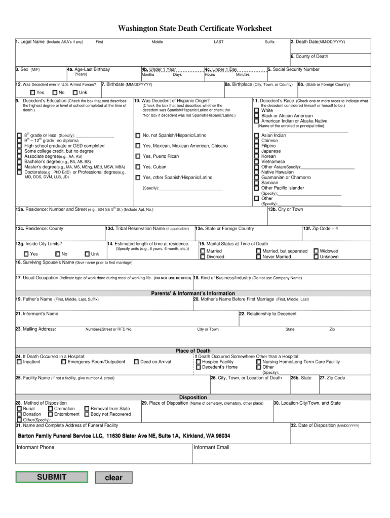 Washington State Death Certificate Worksheet – Fill Online With Baby Death Certificate Template