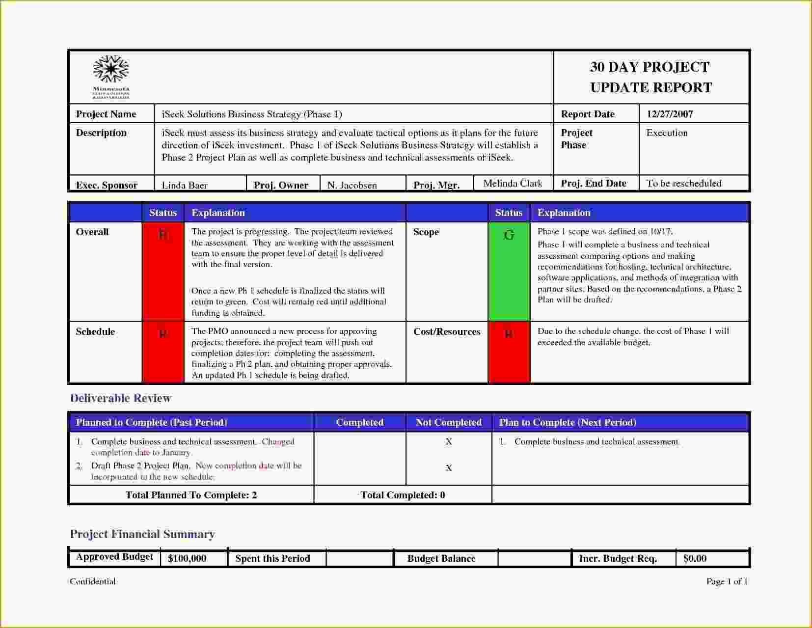Weekly Project Status Report Sample Google Search Examples Within One Page Project Status Report Template