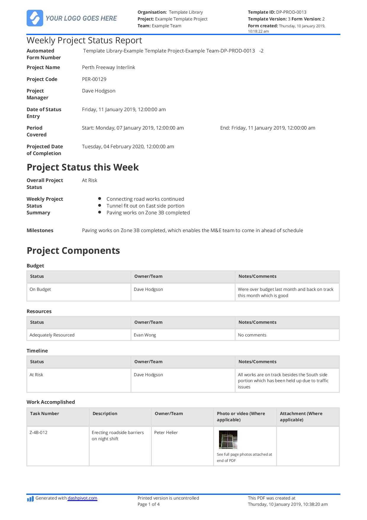 Weekly Project Status Report Template - Free And Customisable In Production Status Report Template