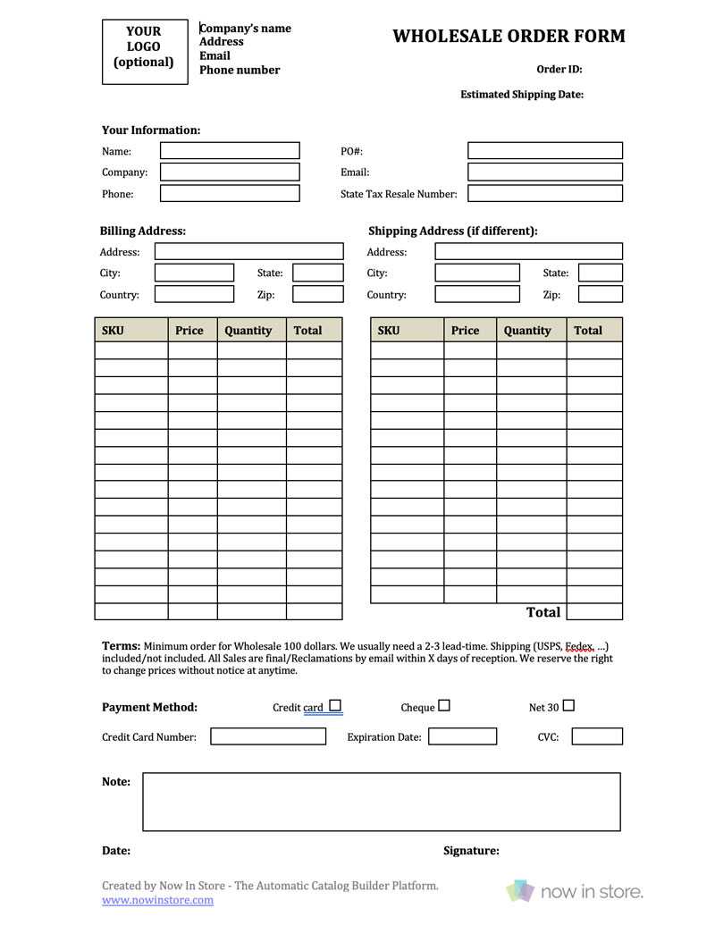 Wholesale Order Form Template – Create Your Own For Free Throughout Order Form With Credit Card Template