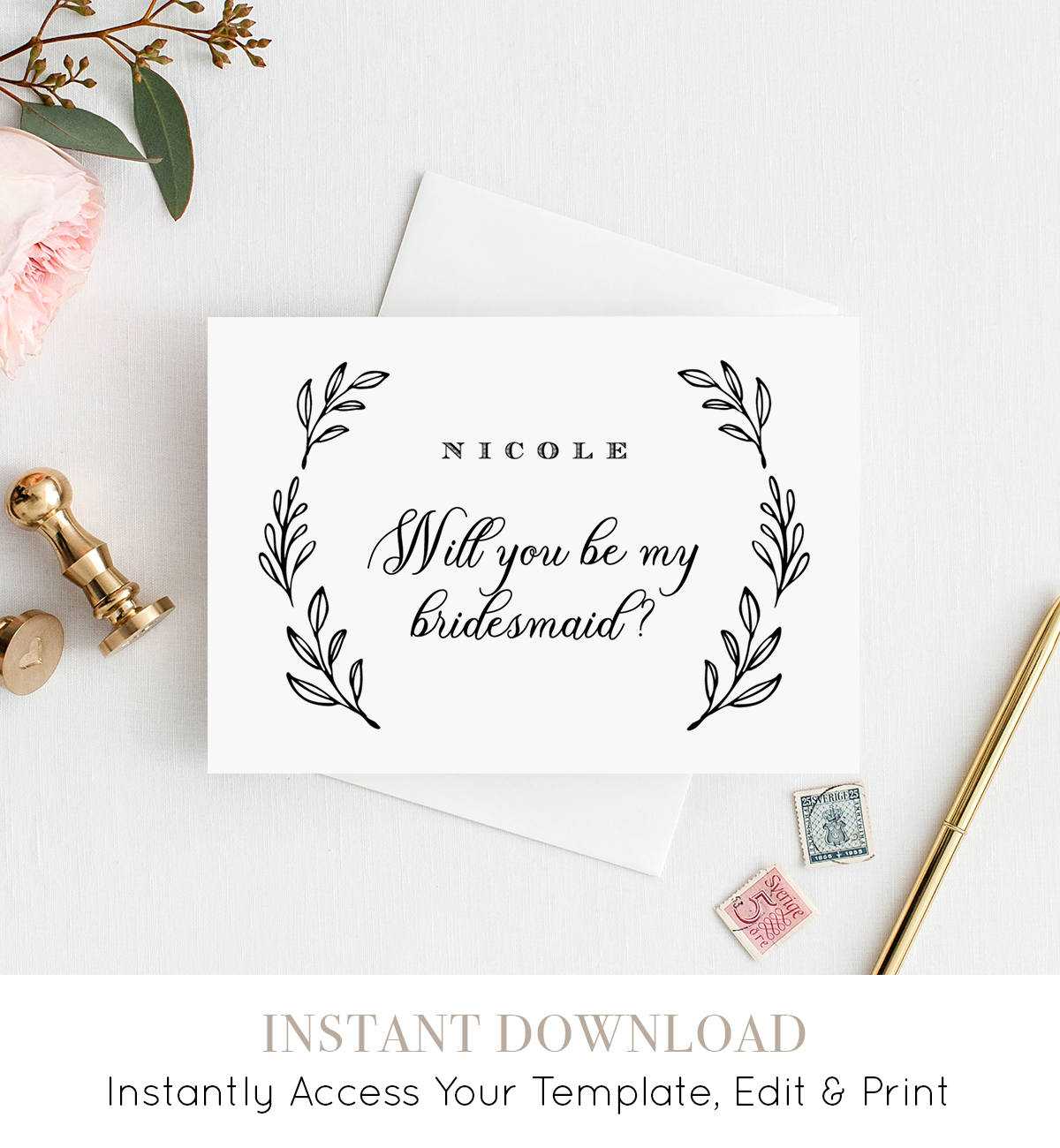 Will You Be My Bridesmaid Card, Instant Download Throughout Will You Be My Bridesmaid Card Template