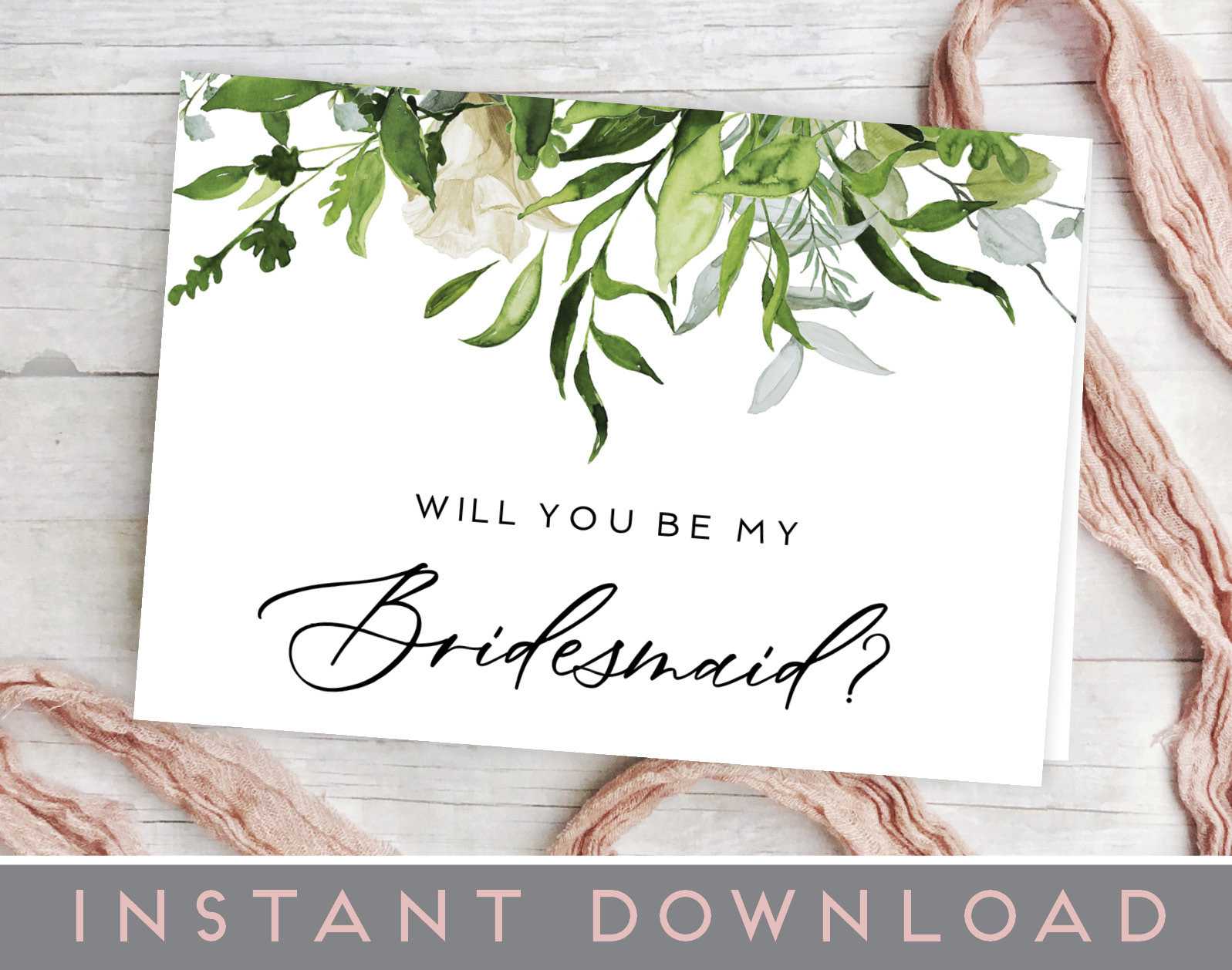 Will You Be My Bridesmaid Card, Printable Bridesmaid Card, Leaves,  Greenery, Will You Be My Bridesmaid Template, Pdf, Bridesmaid Invitation Regarding Will You Be My Bridesmaid Card Template