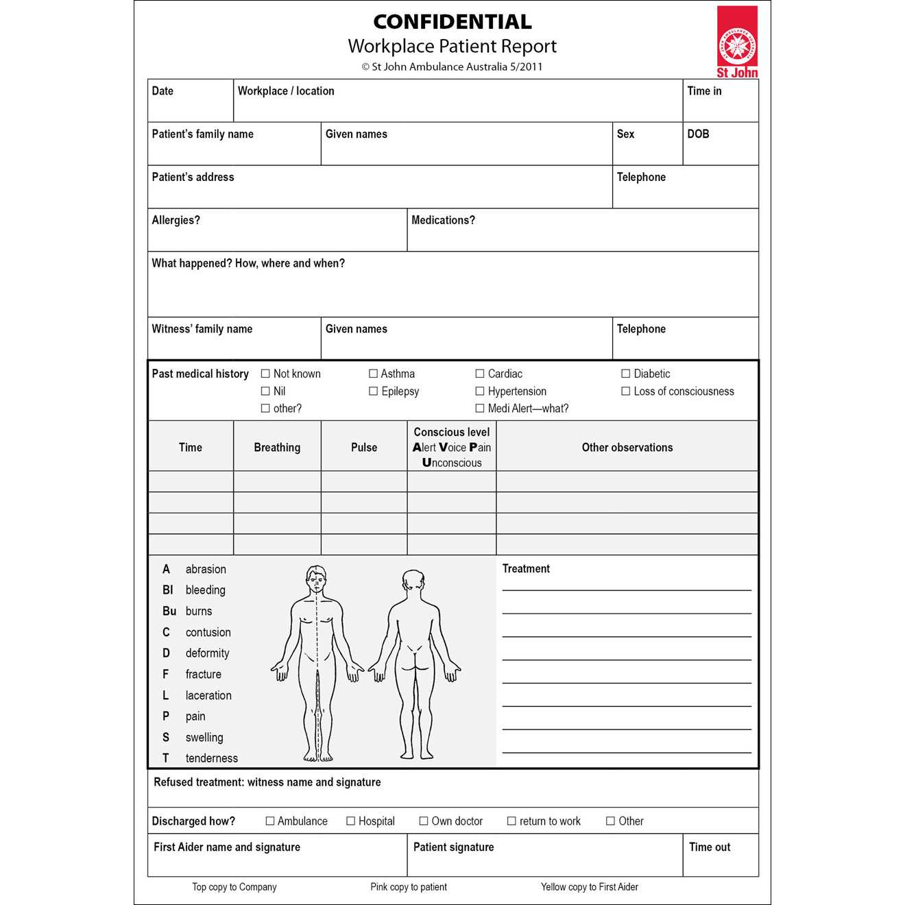 Workplace Patient Report Forms  10 Pack | St John Ambulance Throughout Incident Report Form Template Qld