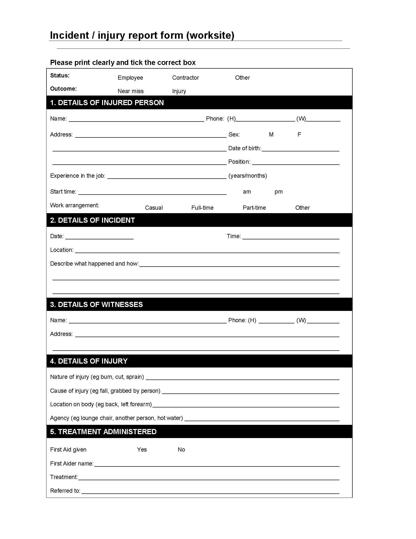 Worksite Incident / Injury Report Form | Legal Forms And Intended For Injury Report Form Template