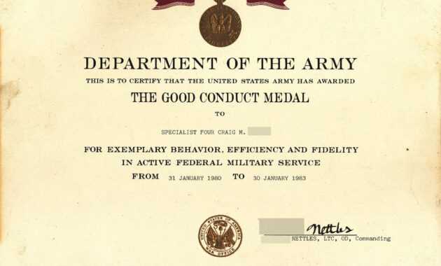 X12's Past Awards with Army Good Conduct Medal Certificate Template