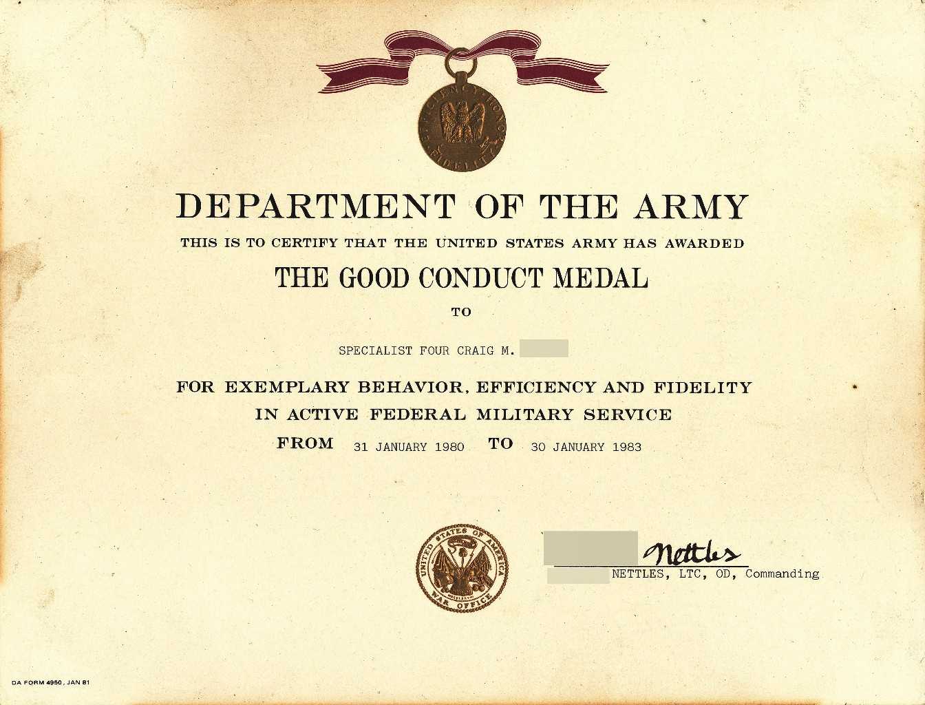 X12's Past Awards With Army Good Conduct Medal Certificate Template